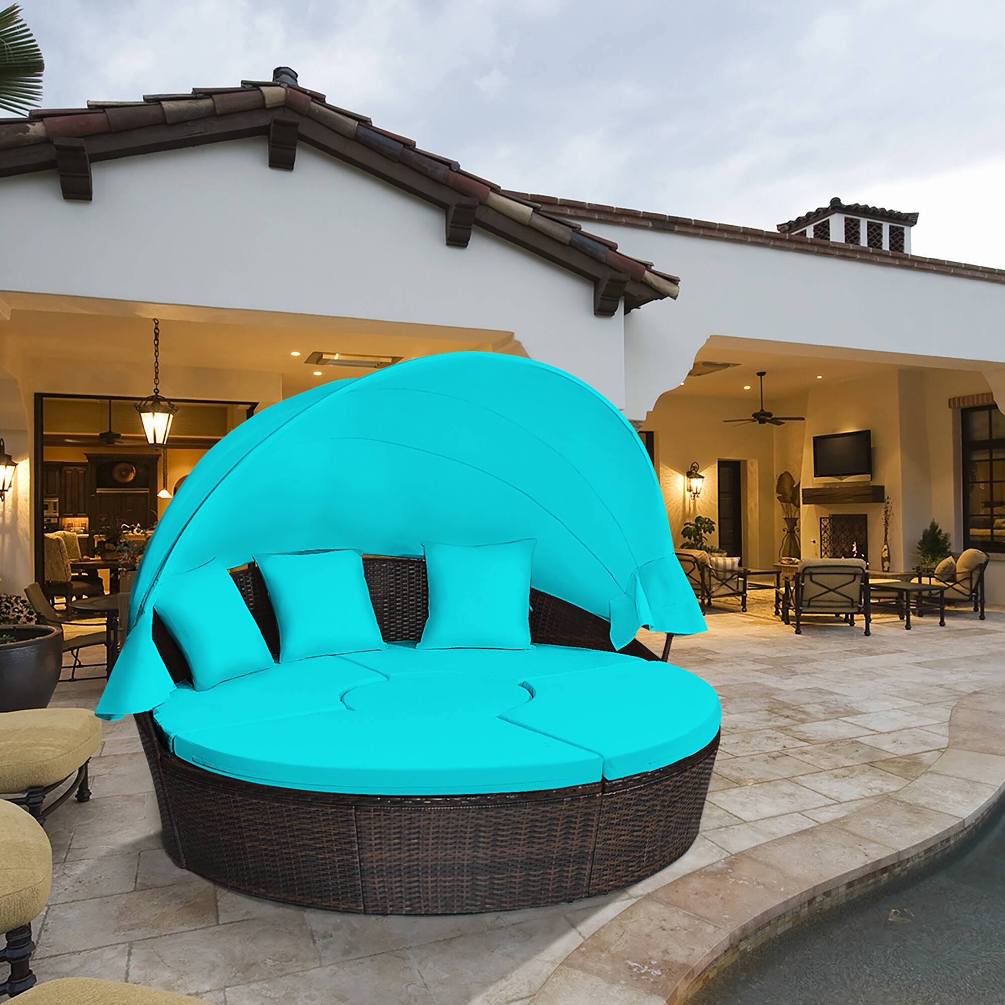 Alt View 2. Gymax - Gymax Cushioned Patio Rattan Round Daybed w/ Adjustable Table 3 Pillows Turquoise - Turquoise.