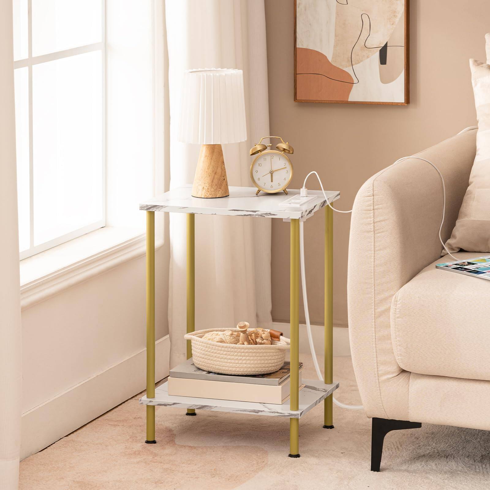 Alt View 1. Alchemy Casas - Side Table With Charging Station End Tables Usb Port And Outlet Nightstand 2 layer Storage Shelves For Small - White 1.