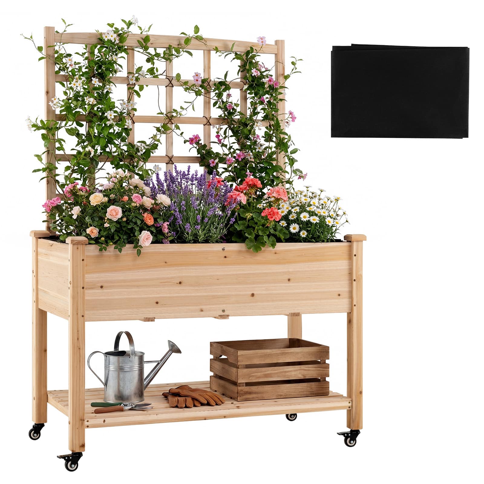 Costway - 1 PCS Wooden Raised Garden Bed with Trellis 47x23x65 in, Liner, Drainage Holes for Plant - Natural