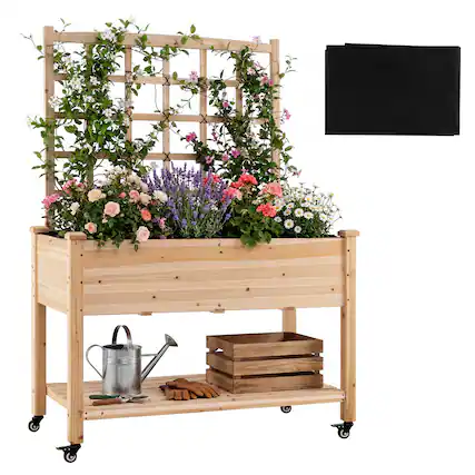 Front. Costway - Costway 1 PCS Wooden Raised Garden Bed with Trellis 47x23x65 in, Liner, Drainage Holes for Plant - Natural.