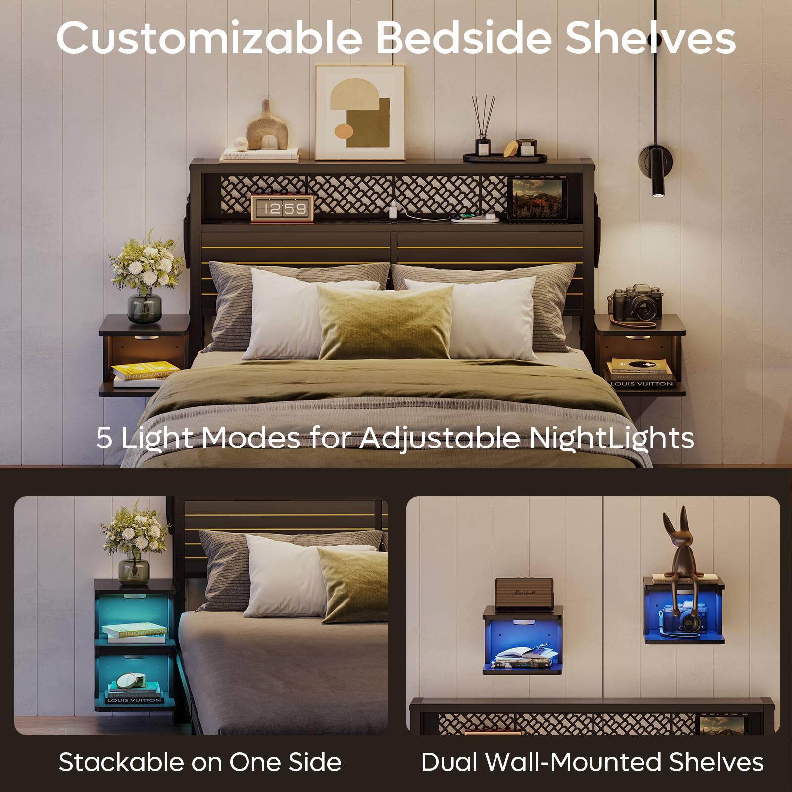 Customizable Bedside Shelves: 5 Light Modes for Adjustable Night Lights - Stackable on One Side - Dual Wall-Mounted Shelves