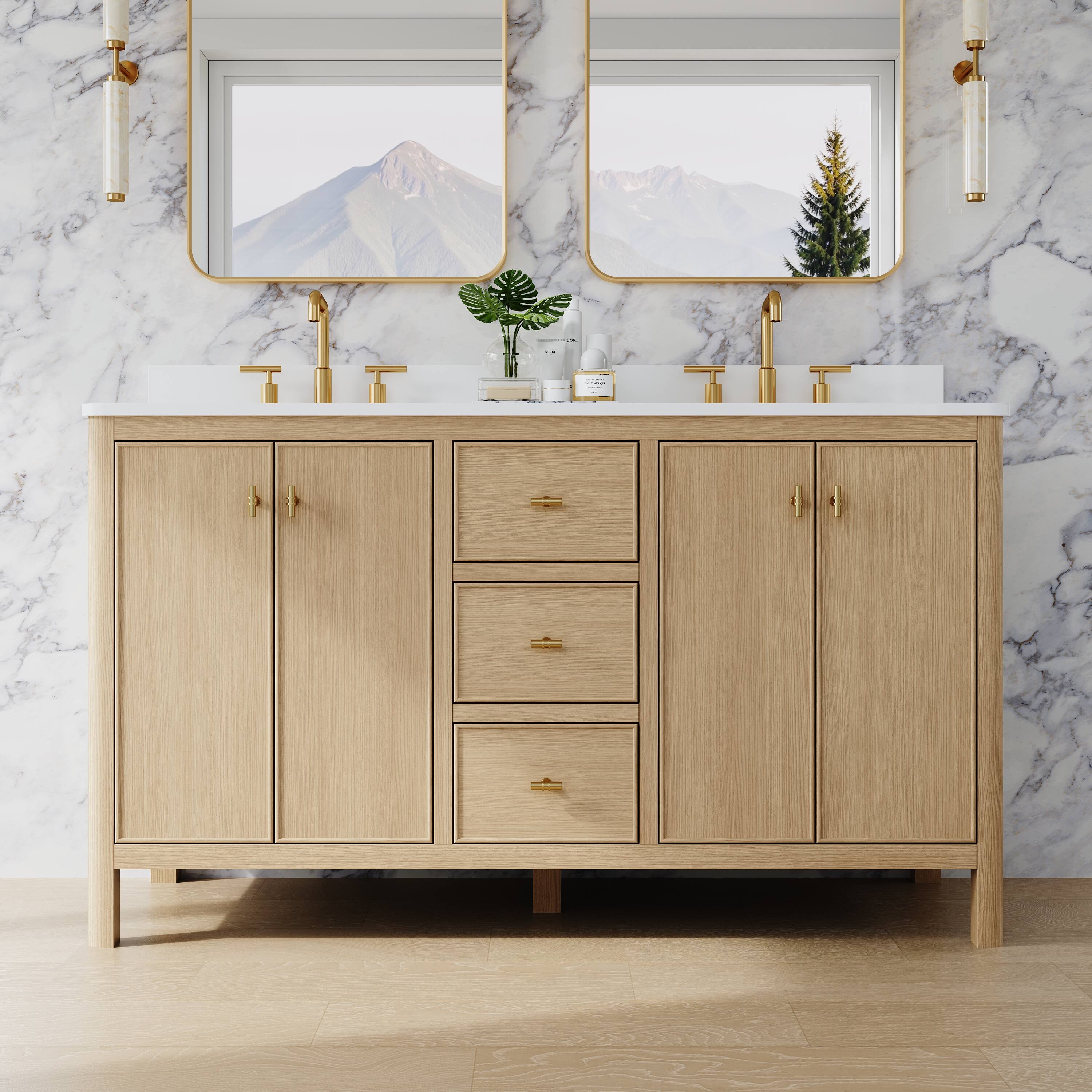 Front. WELLFOR - LORIN 60 in. Solid Wood Bath Vanity with Quartz Top, Double Sink, Soft Close, Assembled - OAK.