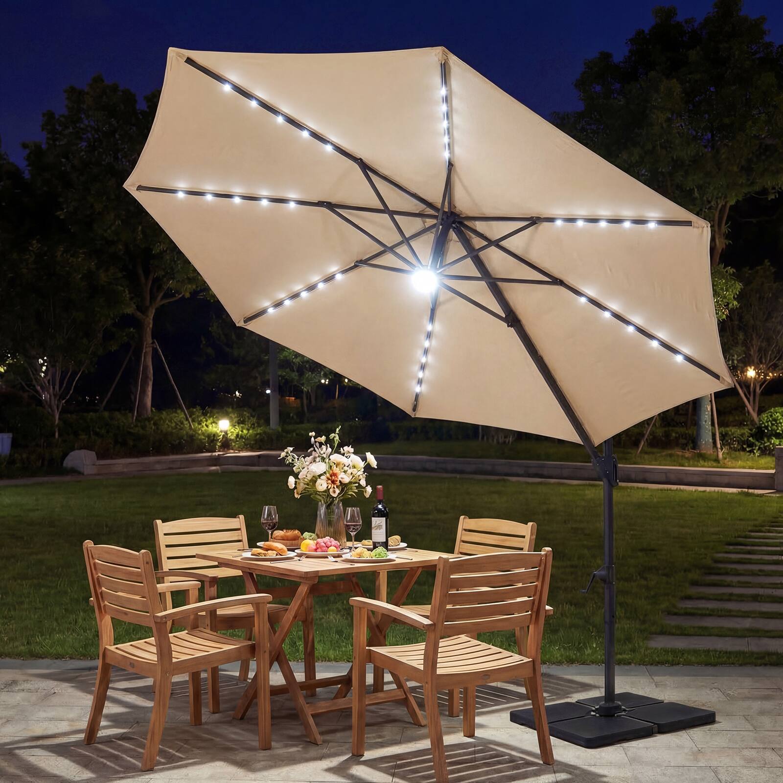 Alt View 1. Costway - Costway 10 FT Cantilever Patio Umbrella with Solar LED Lights, 360° Rotation, Easy Tilt - Beige.
