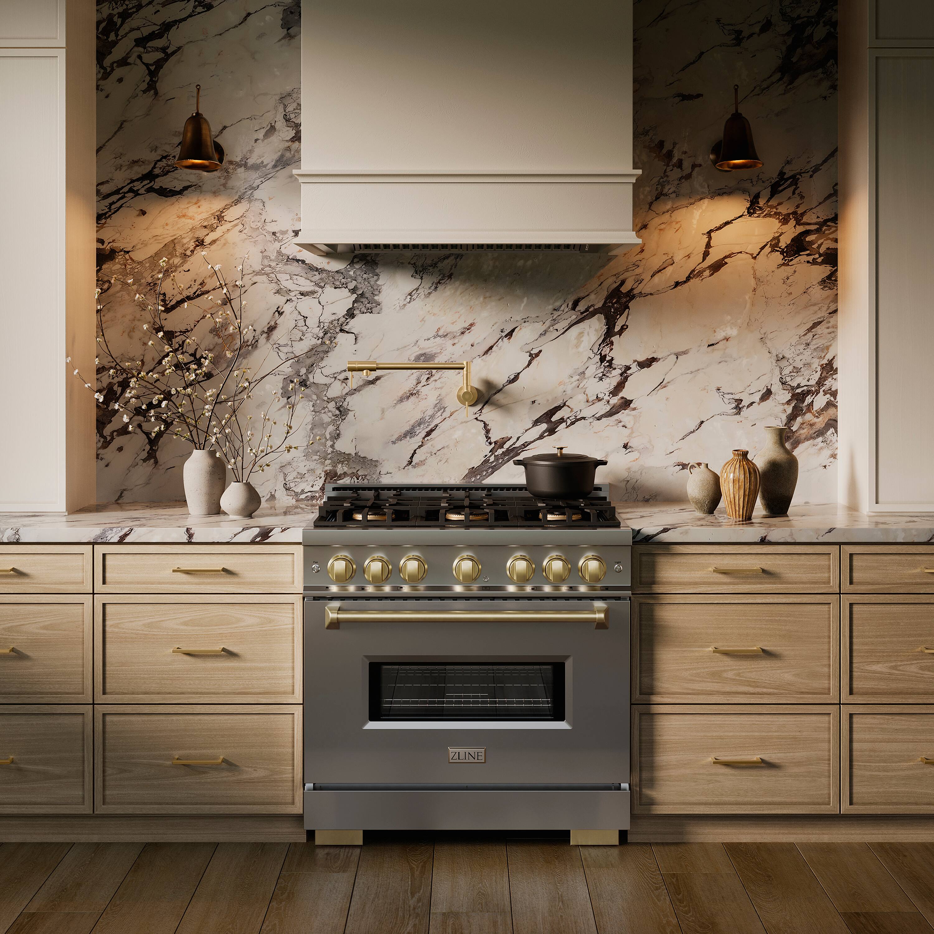 Alt View 5. ZLINE - Autograph 36 in. 5.2 cu. ft. Classic Freestanding DuoPro Gas Range with Convection Oven & Champagne Bronze Accents - Stainless Steel.