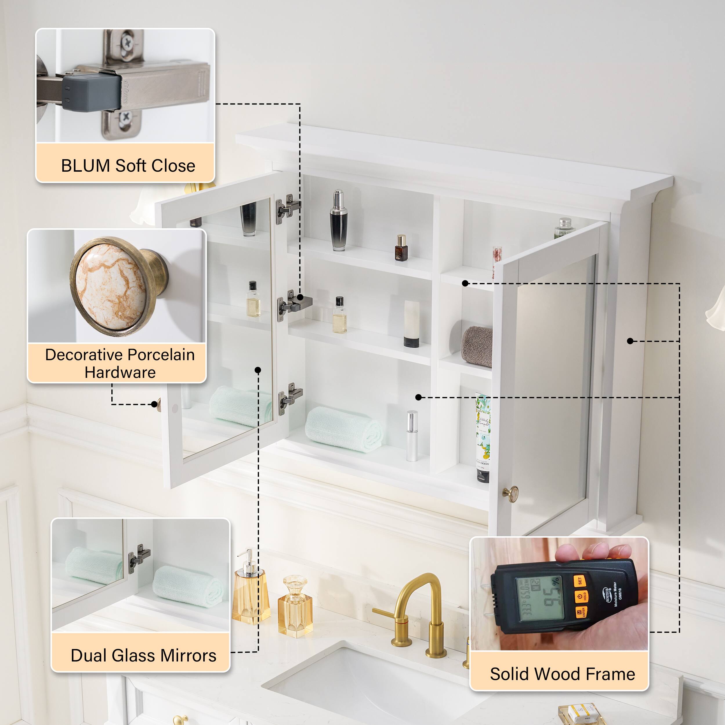 BLUM Soft Close Decorative Porcelain Hardware 333-0

- Dual Glass Mirrors
- Solid Wood Frame
