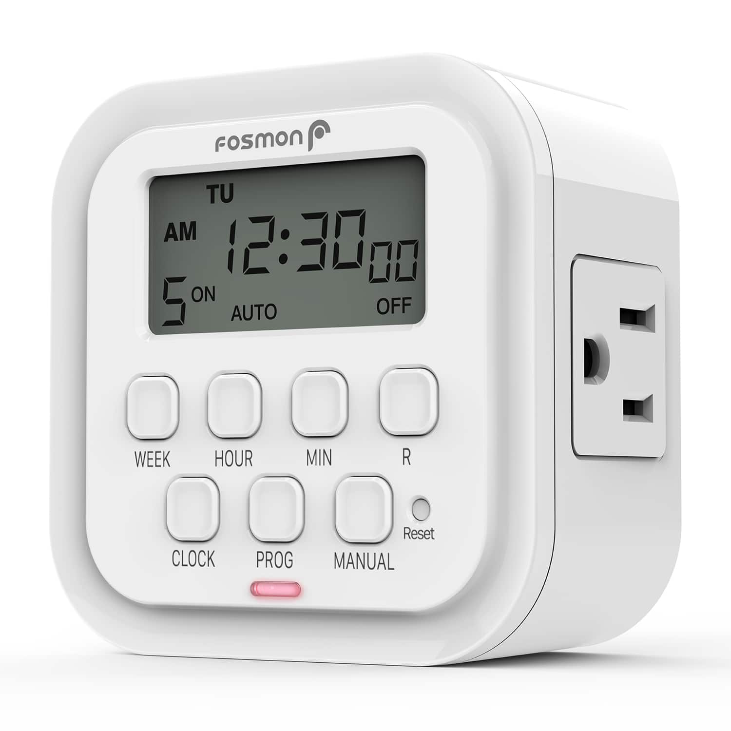 Fosmon - 7 Day Programmable Digital Timer For Outlet, [ETL Listed] Timer Outlet For Electrical Indoor, Light Timer, 15A/1875W - White