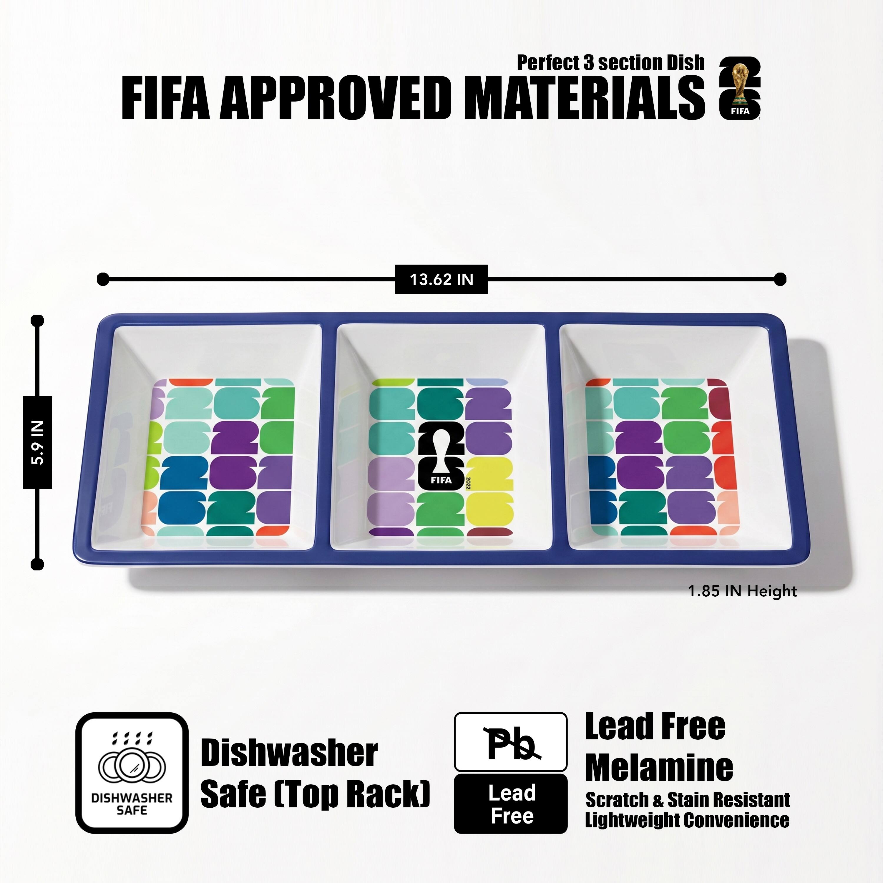 Perfect 3 section Dish FIFA APPROVED MATERIALS FIFA 13.62 IN x 5.9 IN x 1.85 IN Height Dishwasher DISHWASHER Safe (Top Rack) SAFE Lead Free Pb Melamine Lead Scratch & Stain Resistant Free Lightweight Convenience