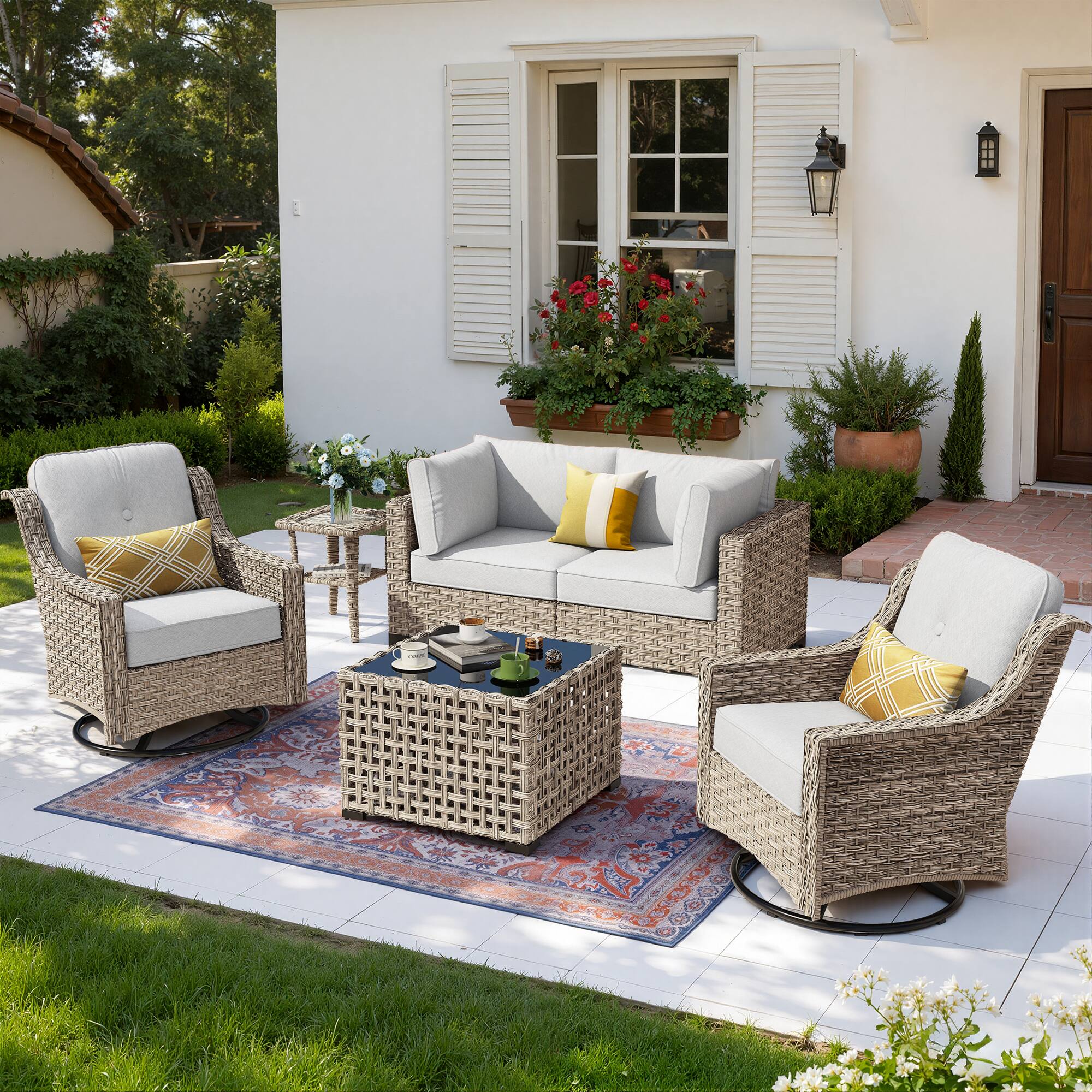 Ovios - 6 PCS Patio Furniture Sectional Sofa Set Swivel Rocking Chair with Coffee Table & Side Table - Gray