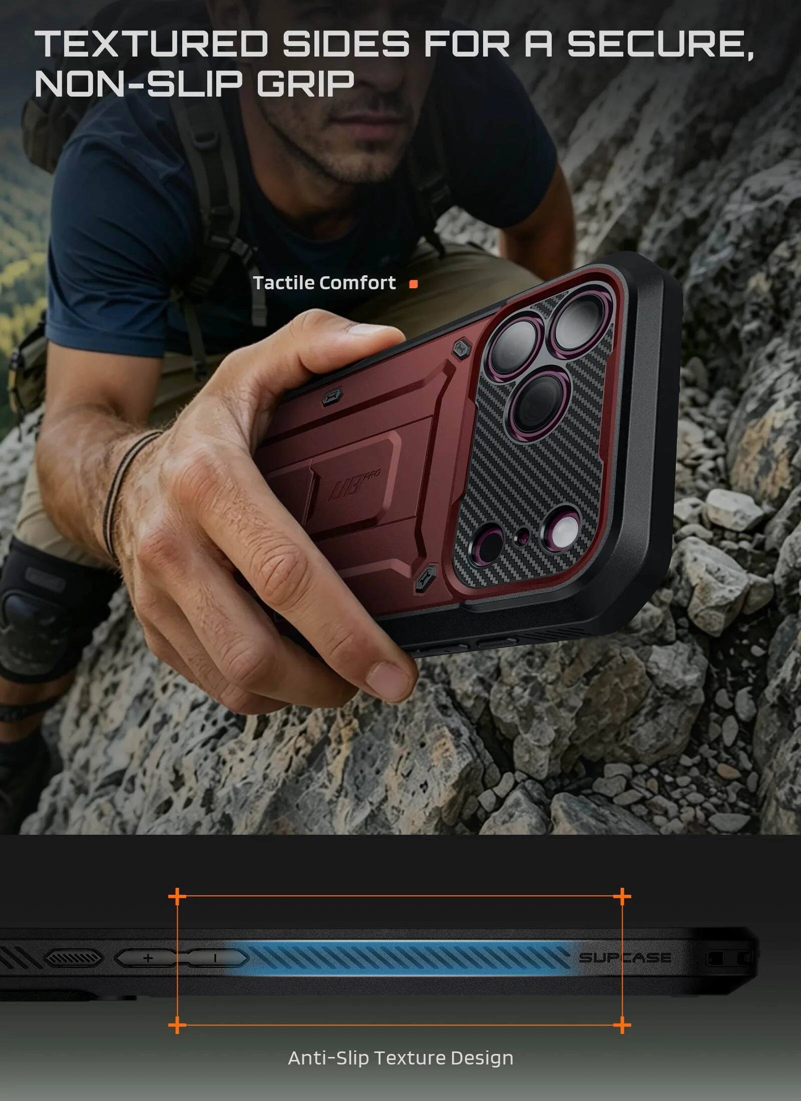 TEXTURED SIDES FOR A SECURE, NON-SLIP GRIP

Tactile Comfort

DETEILI

SUPCASE

Anti-Slip Texture Design