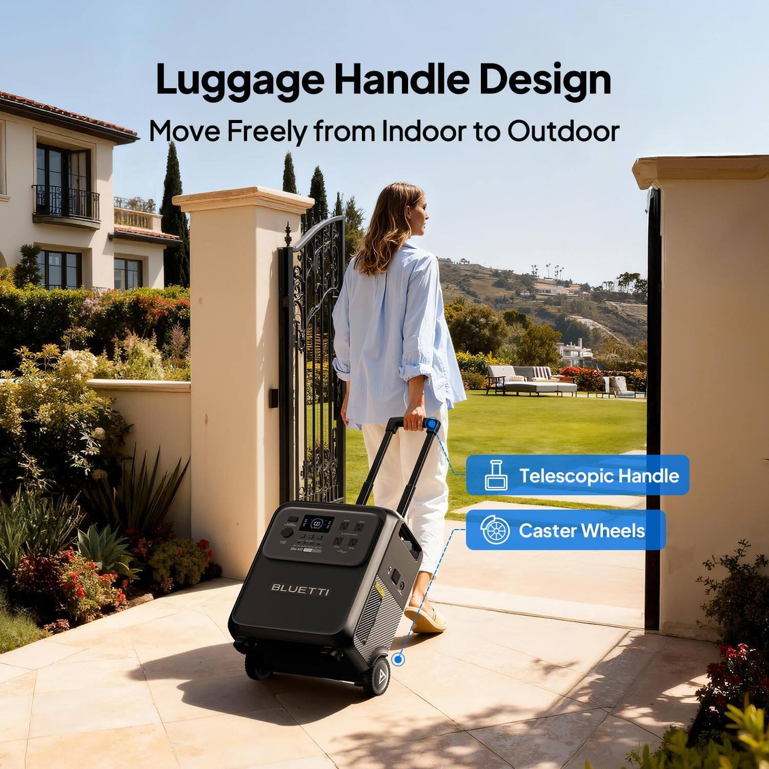 Luggage Handle Design  
Move Freely from Indoor to Outdoor  

Telescopic Handle  
Caster Wheels  

BLUETTI
