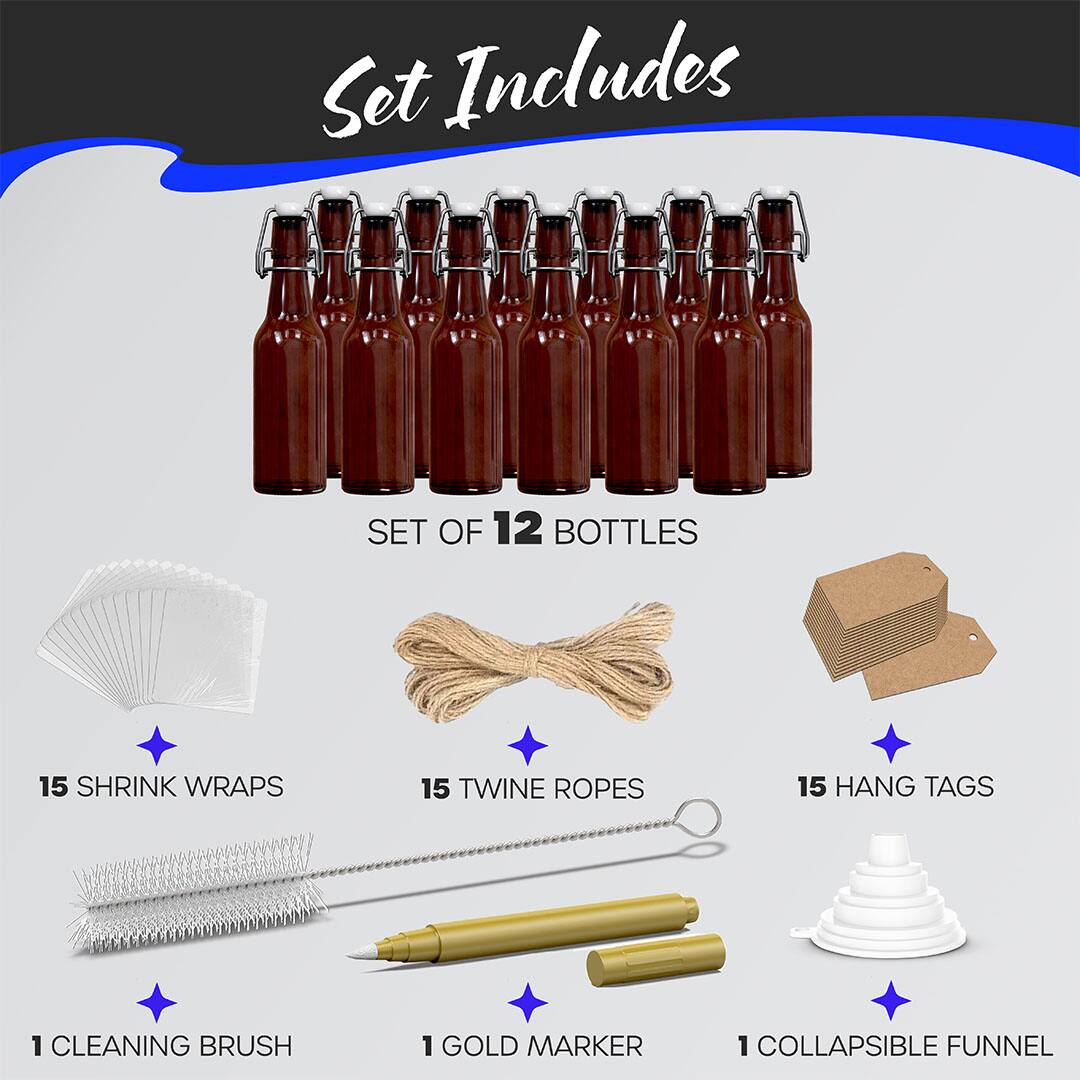 Set Includes

- SET OF 12 BOTTLES
- 15 SHRINK WRAPS
- 15 TWINE ROPES
- 15 HANG TAGS
- 1 CLEANING BRUSH
- 1 GOLD MARKER
- 1 COLLAPSIBLE FUNNEL