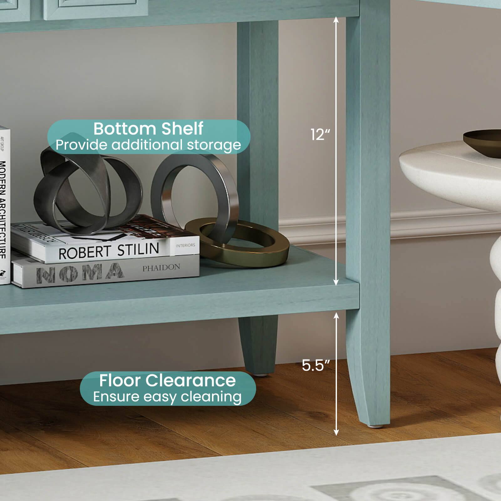 Bottom Shelf  
Provide additional storage  

MODERN ARCHITECTURE  
ROBERT STILIN  
INTERIORS  
PHAIDON  
NOMA  

12"  

Floor Clearance  
Ensure easy cleaning  

5.5"