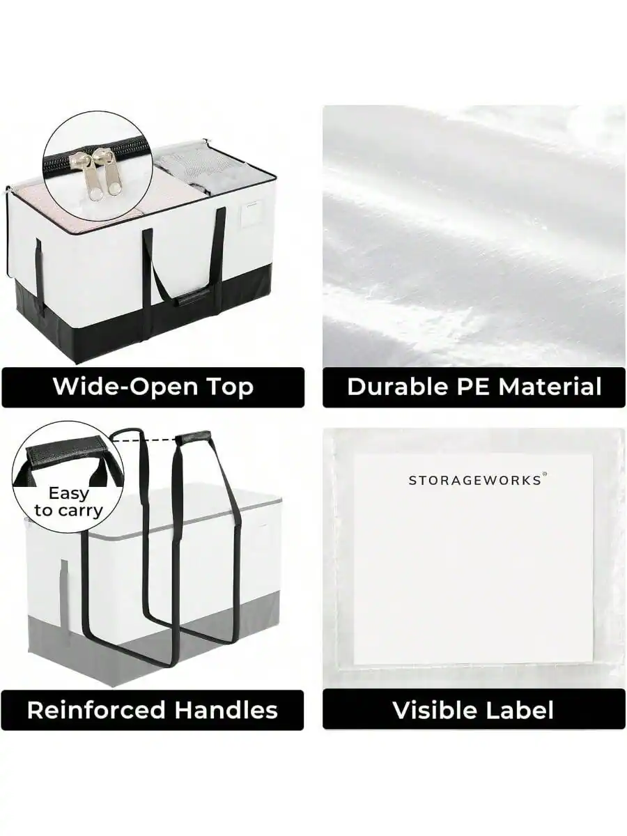- Wide-Open Top
- Durable PE Material
- Easy to carry
- Reinforced Handles
- Visible Label