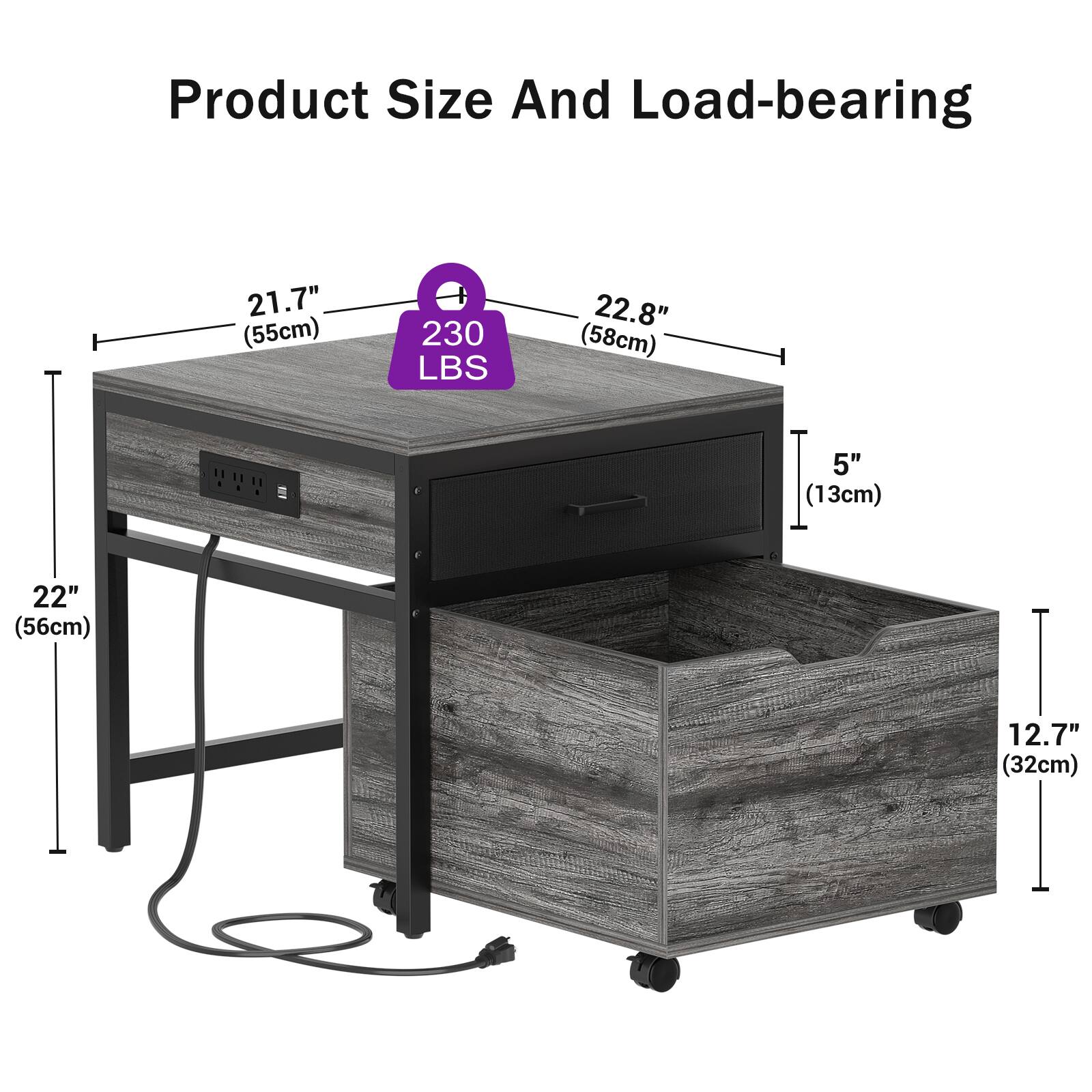 Product Size And Load-bearing  
21.7" (55cm)  
230 LBS  
22.8" (58cm)  
5" (13cm)  
22" (56cm)  
12.7" (32cm)