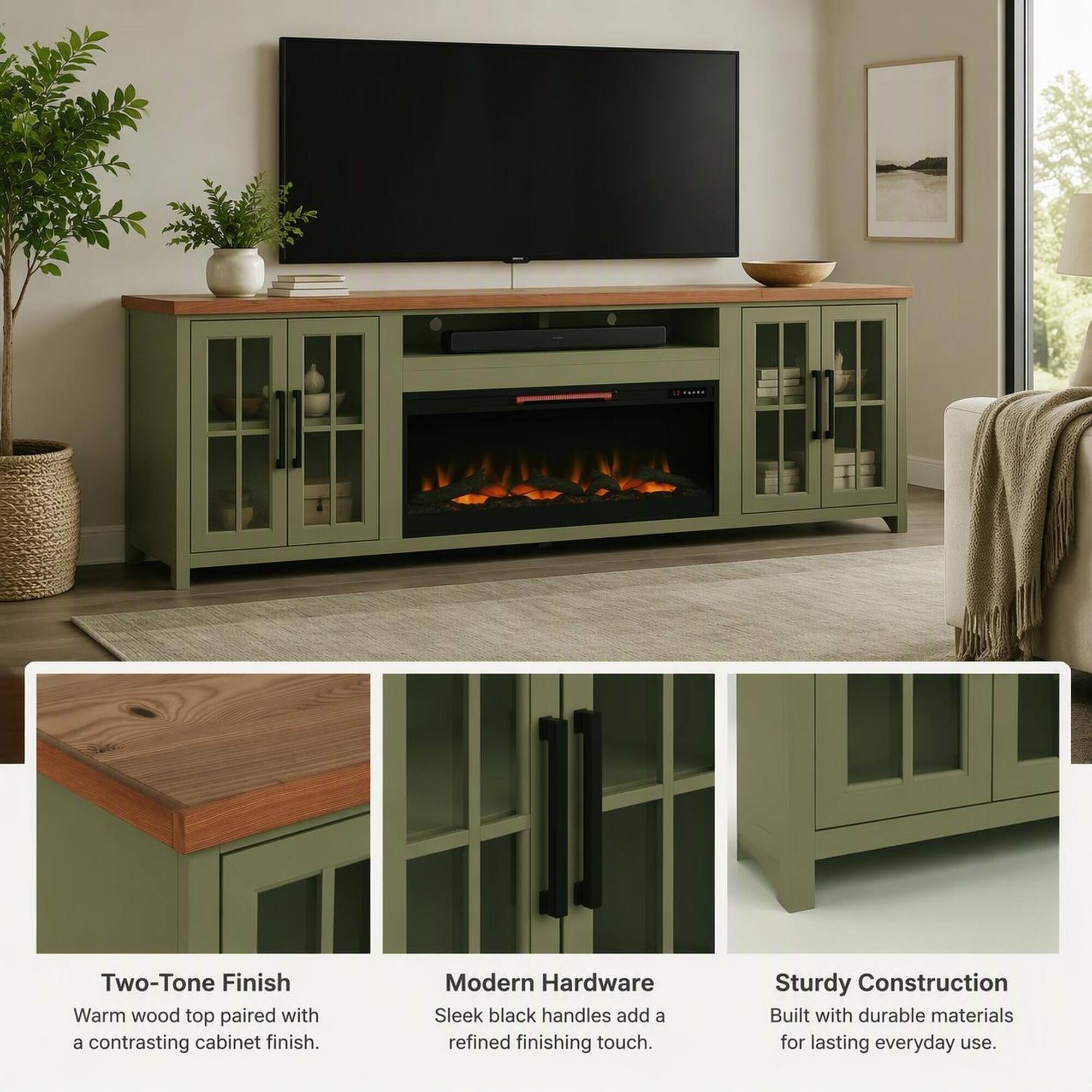 Two-Tone Finish  
Warm wood top paired with a contrasting cabinet finish.

Modern Hardware  
Sleek black handles add a refined finishing touch.

Sturdy Construction  
Built with durable materials for lasting everyday use.