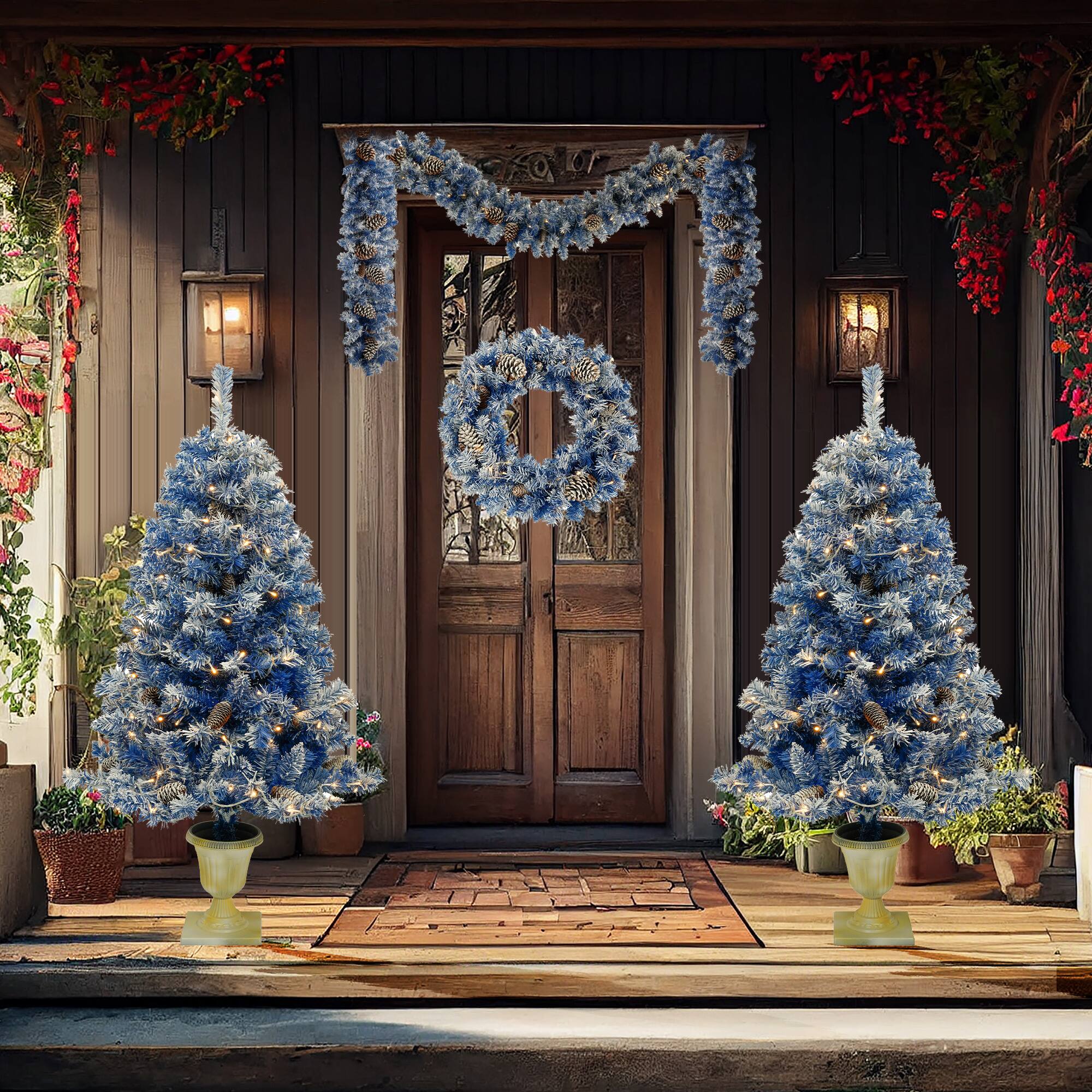 Angle. Tiramisubest - Pre-lit Snow Flocked Artificial Christmas Tree 4-Piece Set,Garland,Wreath and Set of 2 Entrance Trees with LED Lights - Blue.