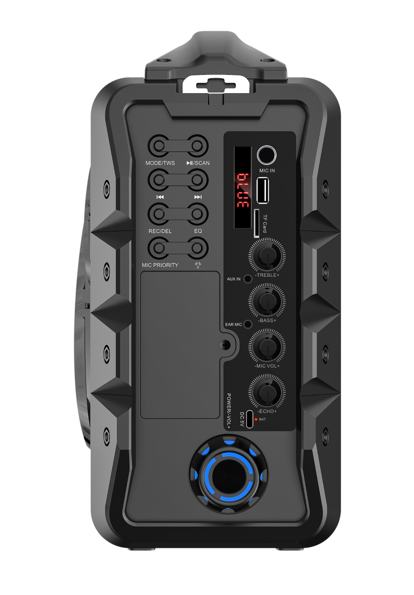 MODE/TWS  
II/SCAN  
REC/DEL  
EQ  
MIC IN  
TF Card  
MIC PRIORITY  
AUX IN  
-TREBLE+  
EAR MIC  
-BASS+  
-MIC VOL  
POWER/-VOL+  
DC  
I  
BAT  
5V