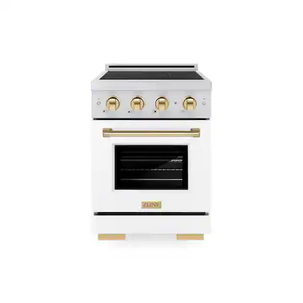 Front. ZLINE - Autograph 24 in. 3.2 cu. ft. Paramount Freestanding Induction Range in Satin Steel with Gold Accents & White Door - White Matte.