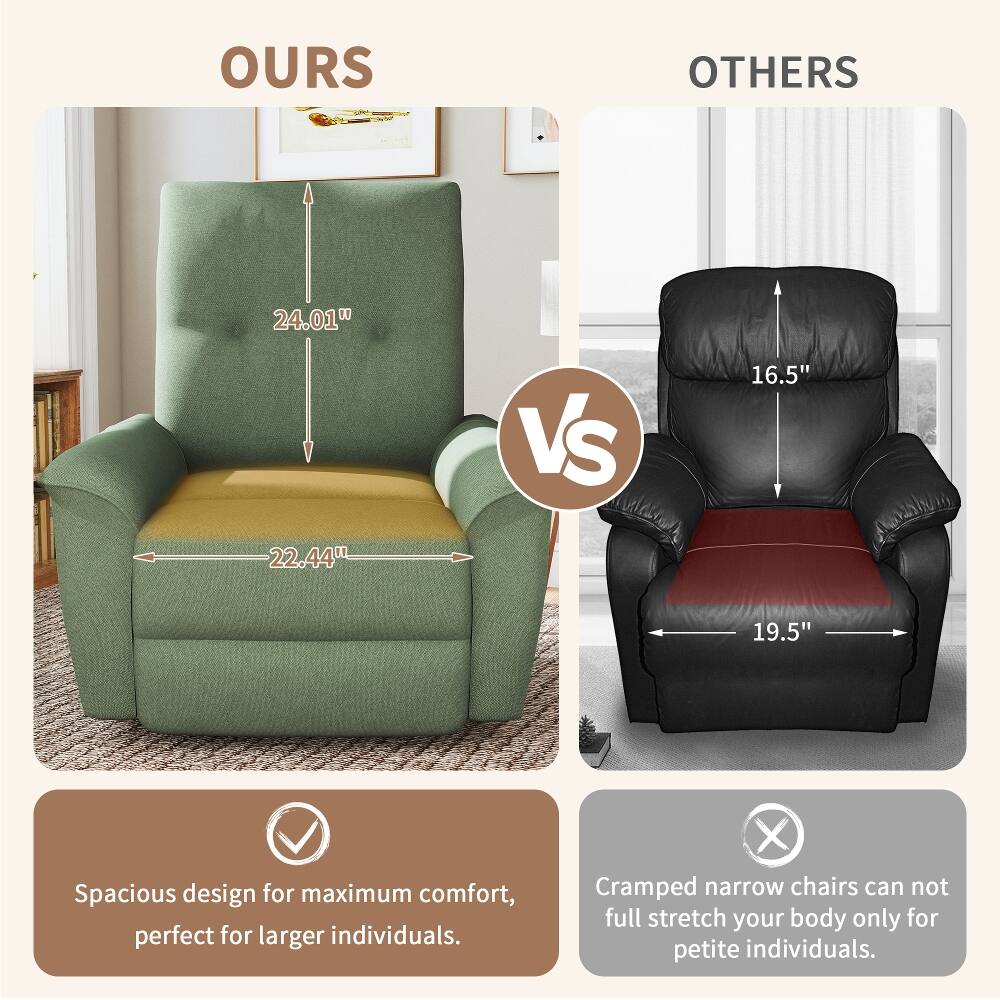 OURS OTHERS

24.01" Vs 16.5"  
22.44" 19.5"  

Spacious design for maximum comfort, perfect for larger individuals.  

Cramped narrow chairs can not full stretch your body only for petite individuals.