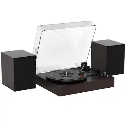 Front. Topteng - Bluetooth 5.0 Split Turntable, 3-Speed, Dual Speakers, 7/10/12" Vinyl, Ruby Stylus, Retro Record Player - Natural wood color.