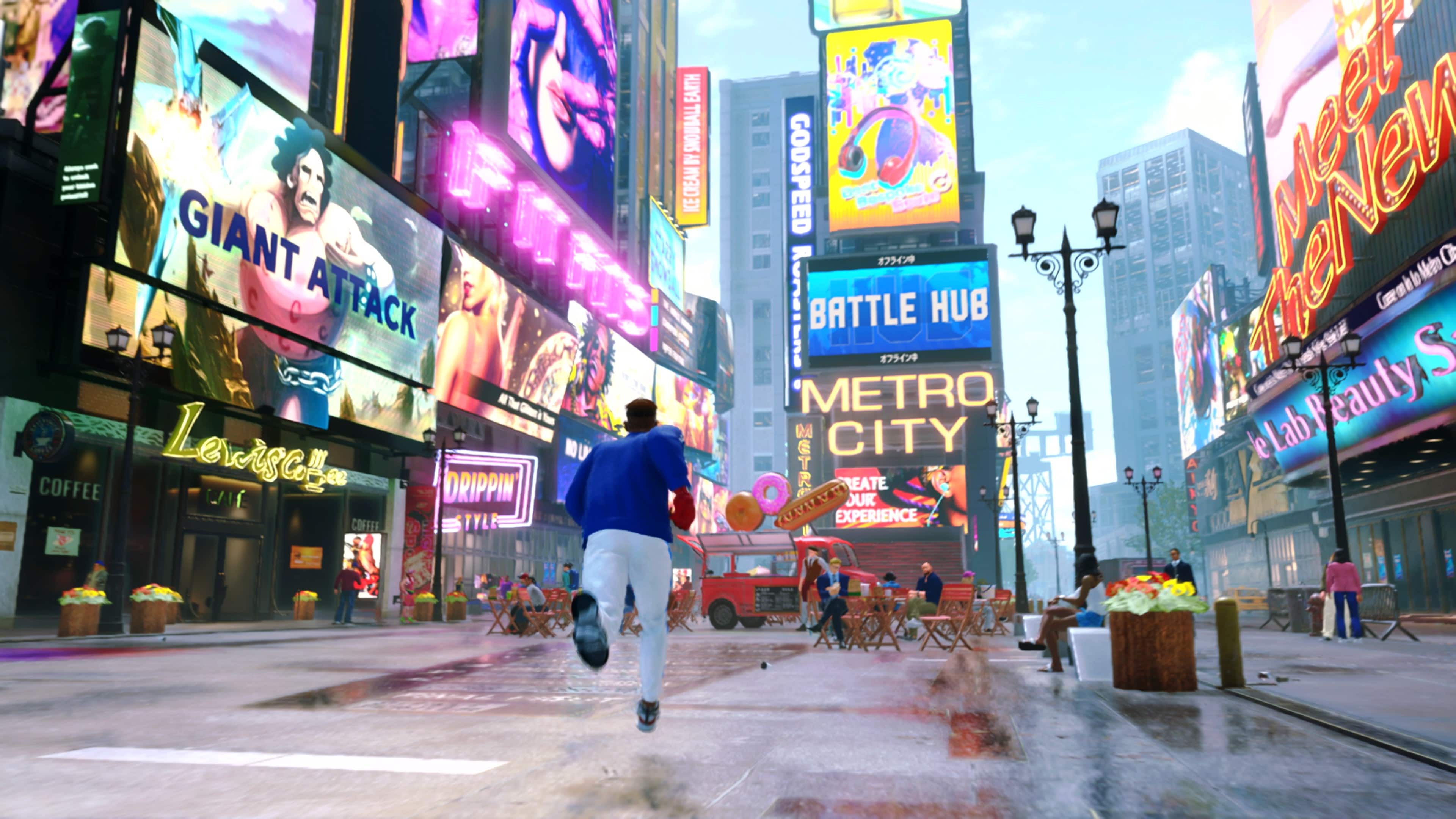 The image features a man running down a busy city street with various billboards and signs around him. The signs include "Giant O at Attack Coffee," "Levrg CH Drippin Coffee," "Earth Tivinons by Cream Ice," "Go Speed Racer," "Battle Hub," "Metro City," "Metro," "Great Beauty AIPTC," and "The New." The man is running past a bench and a potted plant, adding to the urban atmosphere of the scene.
