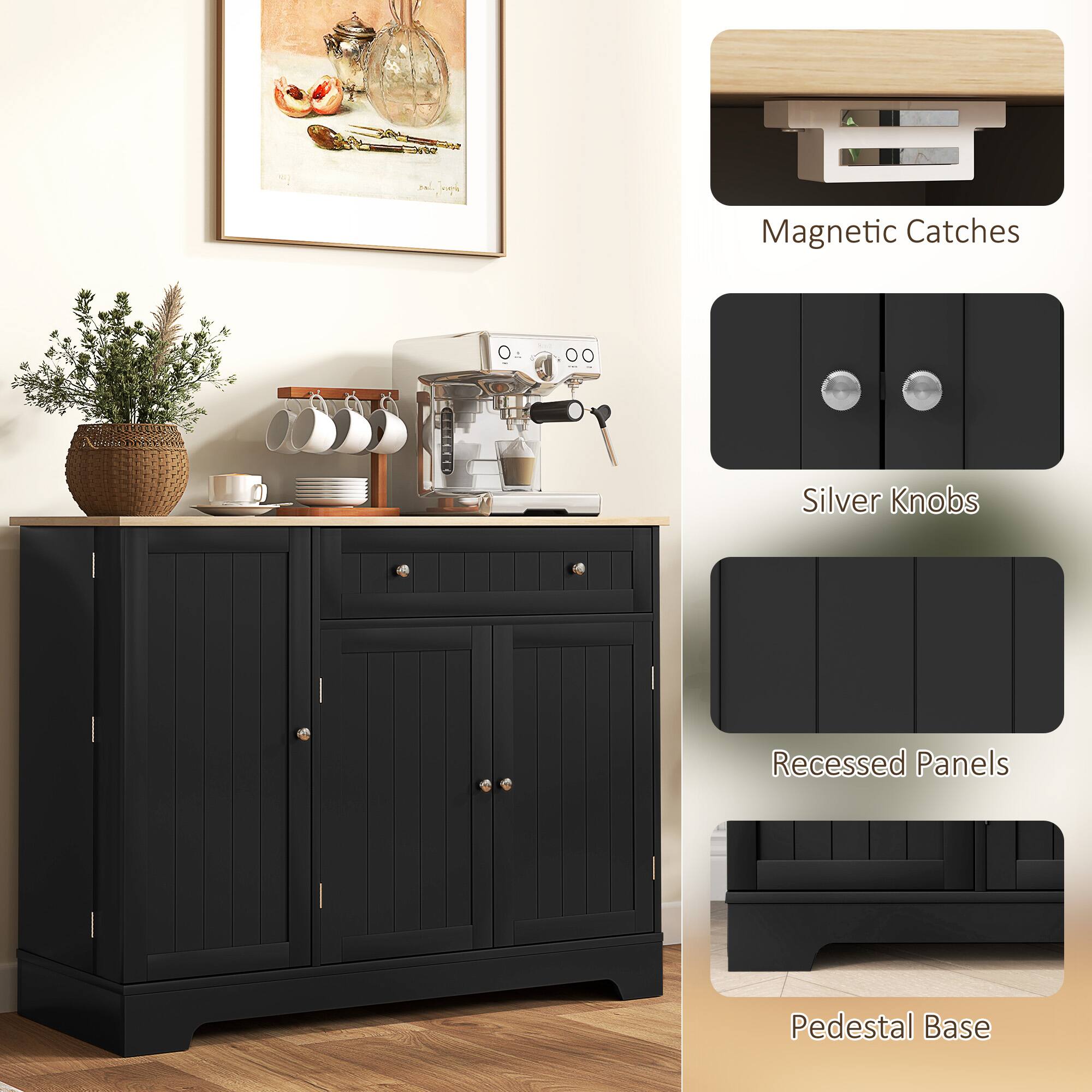 - Magnetic Catches
- Silver Knobs
- Recessed Panels
- Pedestal Base