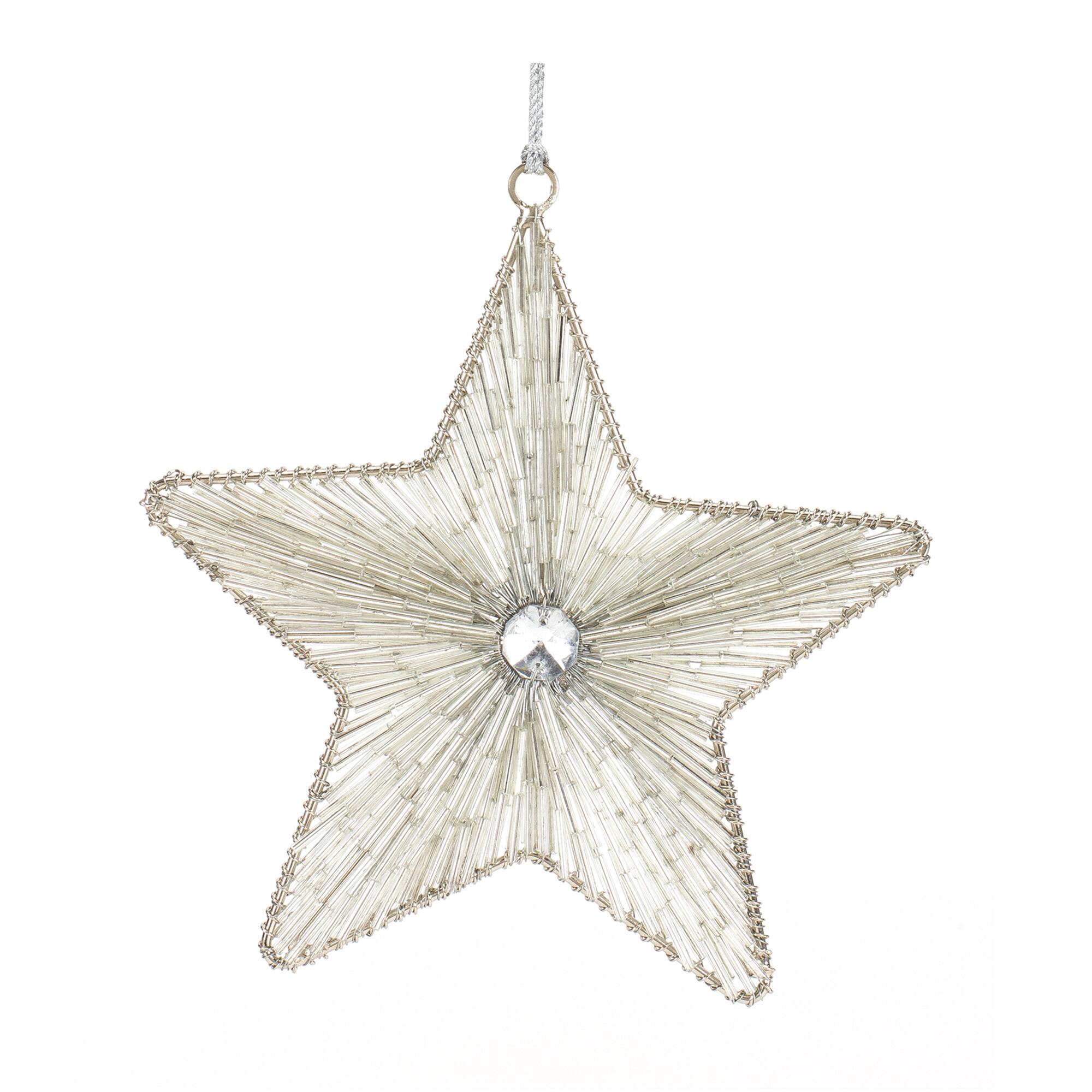 Left. BreeBe - Silver Beaded Metal Star Ornament (Set of 12) - Silver.