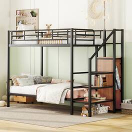 GOODSILO - Contemporary Twin Over Twin Metal Bunk Bed with Integrated Storage Ladder and Wardrobe - Black