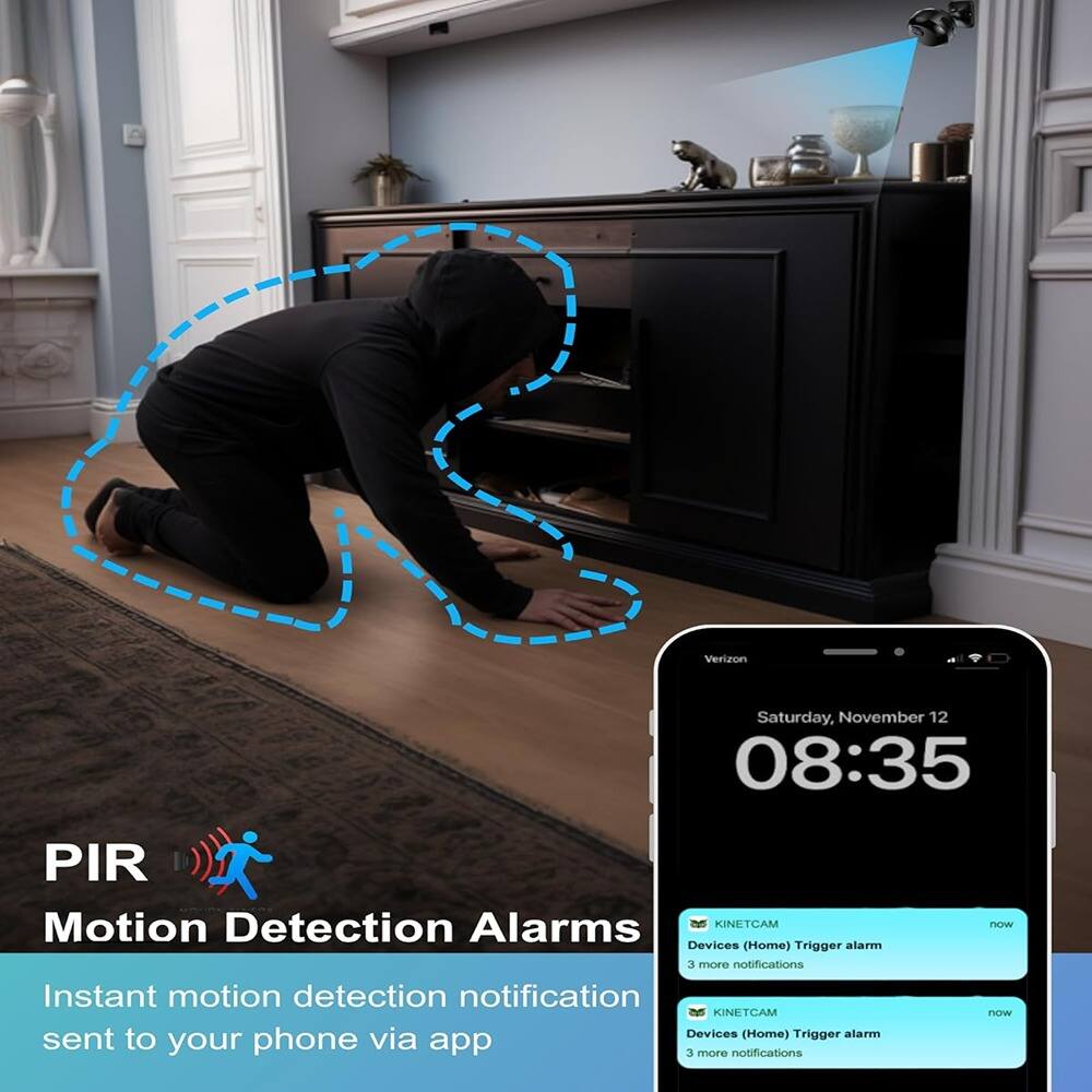 PIR Motion Detection Alarms

Instant motion detection notification sent to your phone via app

Verizon
Saturday, November 12
08:35

KINETCAM
Devices (Home) Trigger alarm
3 more notifications

KINETCAM
Devices (Home) Trigger alarm
3 more notifications