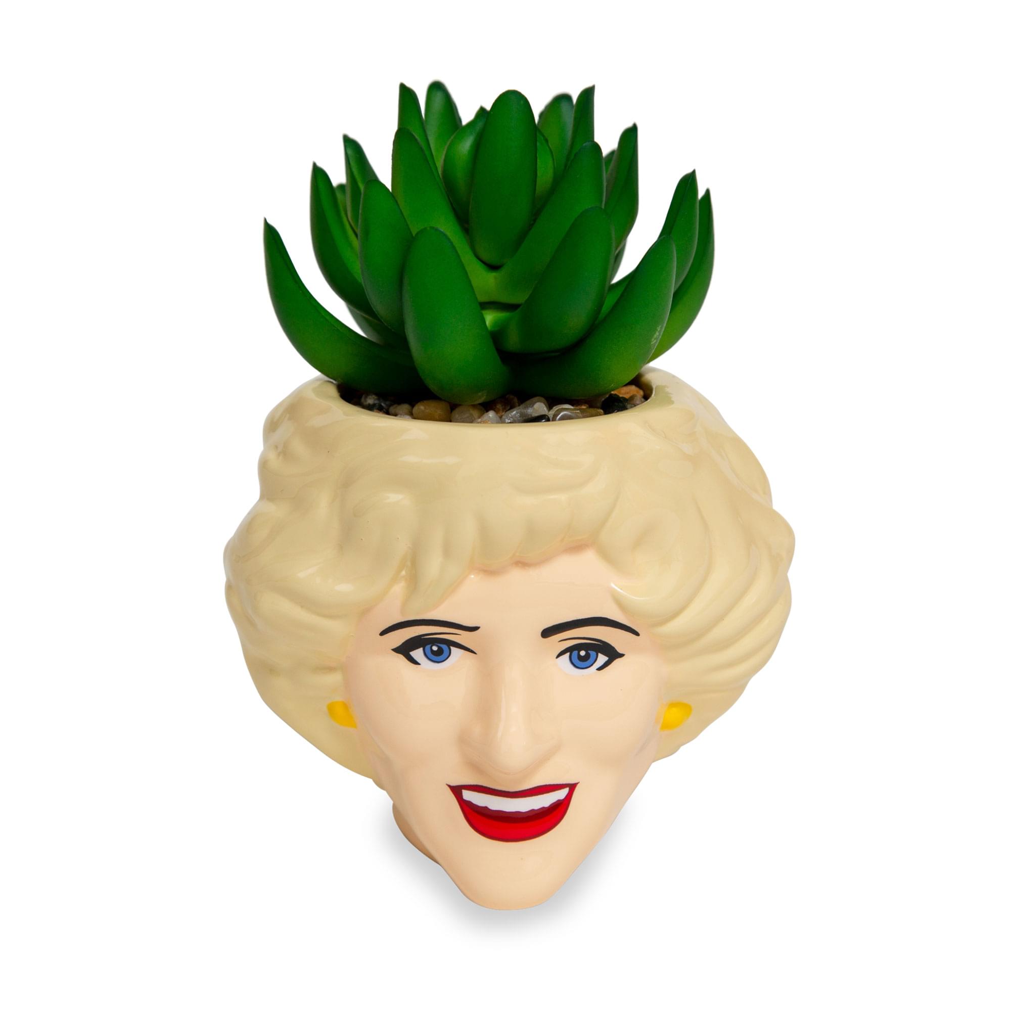 Front. Silver Buffalo - The Golden Girls Rose 3-Inch Ceramic Mini Planter With Artificial Succulent - Beige.