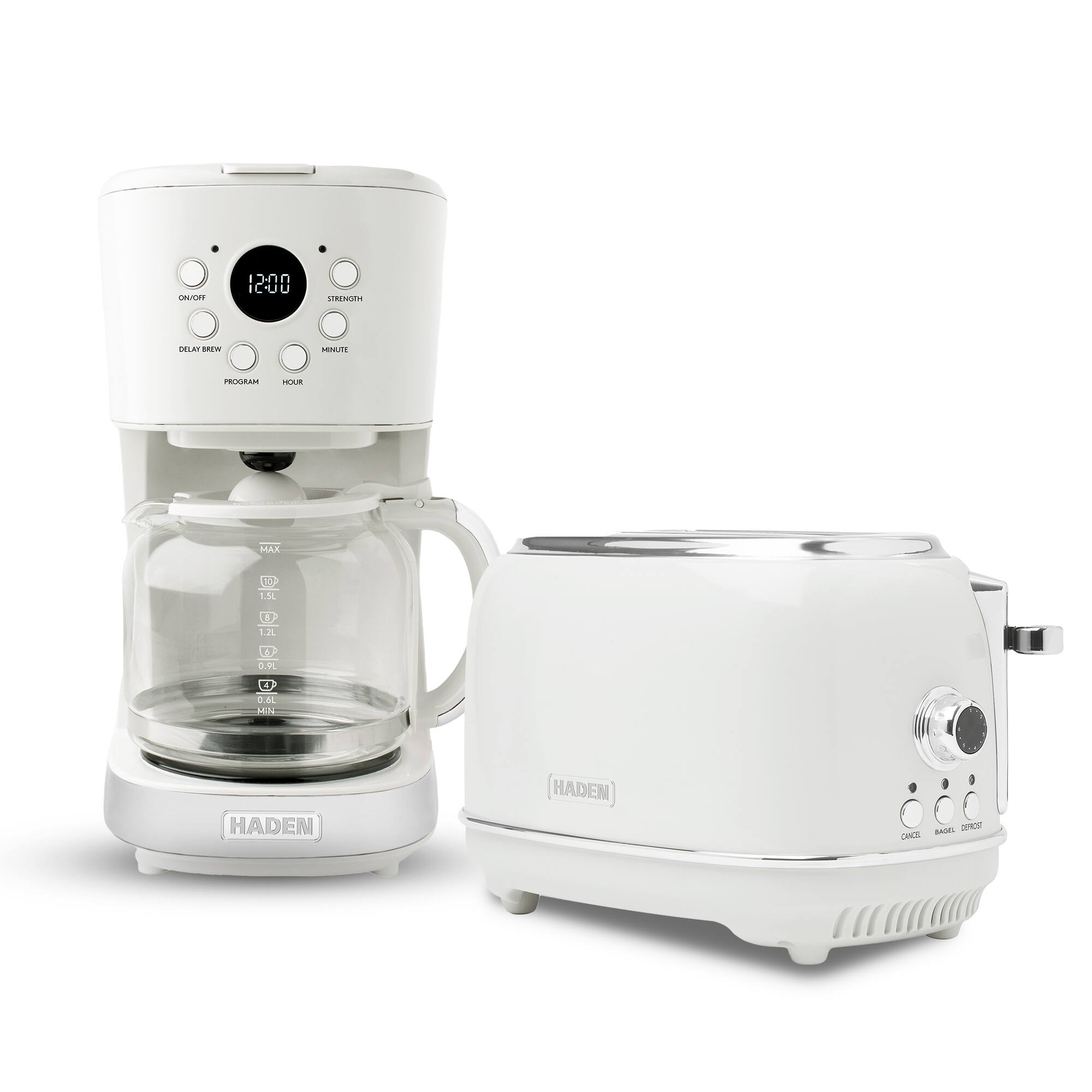 Haden - 12 Cup Coffee Maker with 2 Slice Wide Stainless Steel Bread Toaster - White