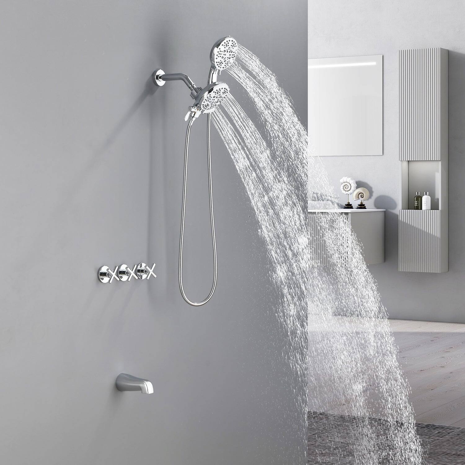 Alt View 3. Boyel Living - Polished Chrome Shower Set with Three Handle Control and Seven Function Dual Shower Heads - Polished Chrome.