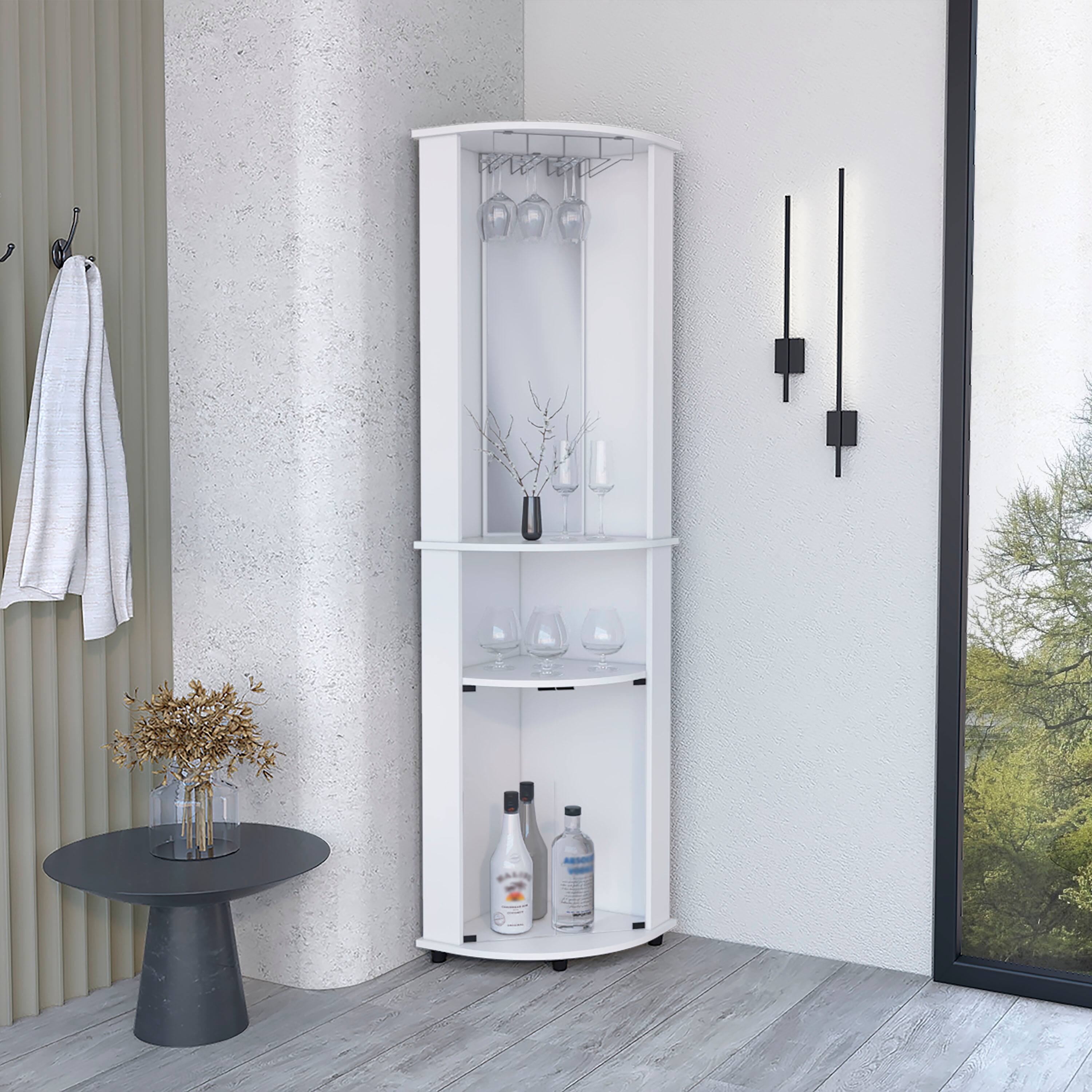 TinyHomie - Corner Bar Cabinet Unit with Wine Glass Rack and Lower Cabinet White