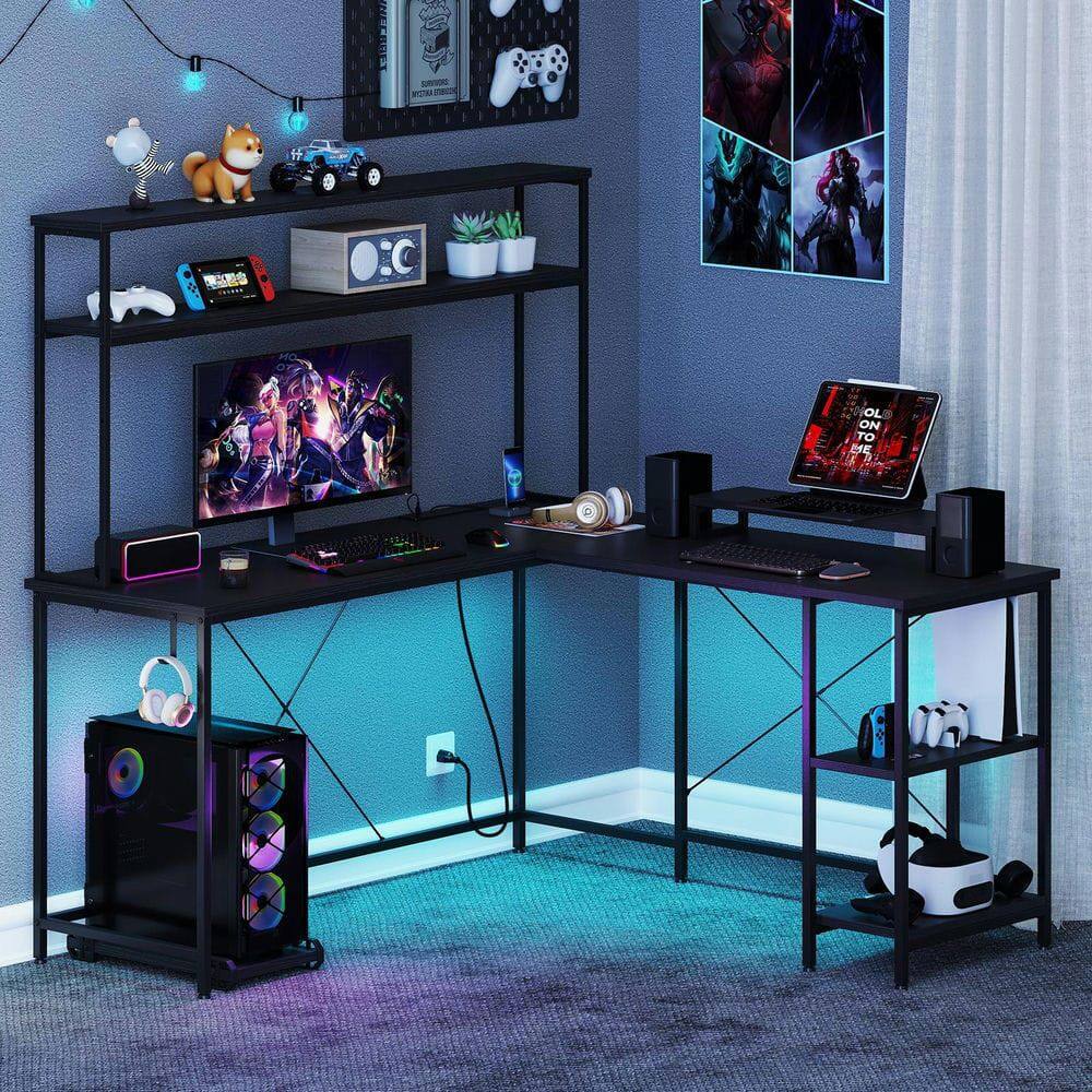 Angle. Kadyn - Reversible L-Shaped Gaming Desk - LED Strip, Power Outlets, Hutch Monitor Stand, Black - Black.
