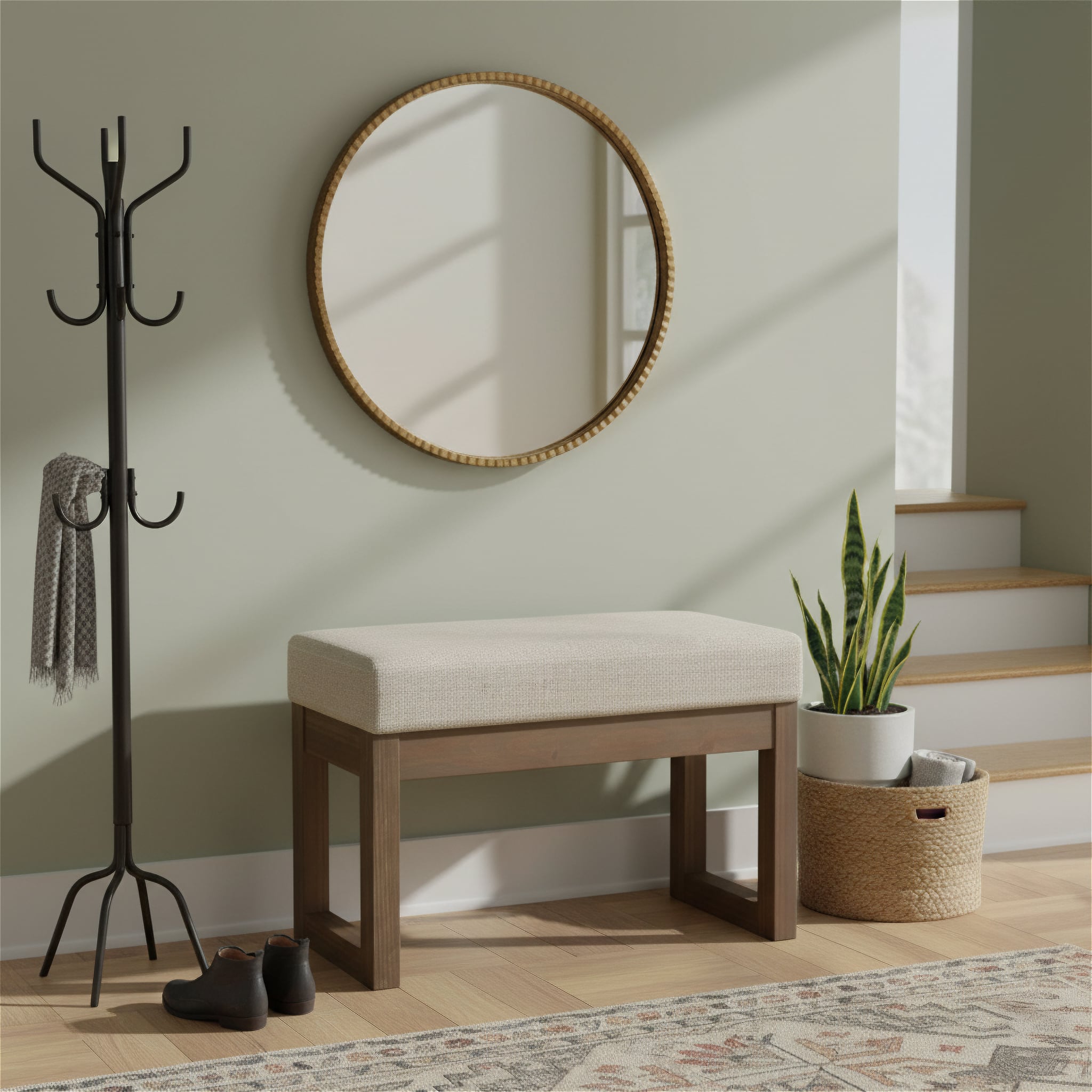 Simpli Home - Milltown 27 inch Wide Solid Wood Rectangular Upholstered Footstool Bench - Beige Cream