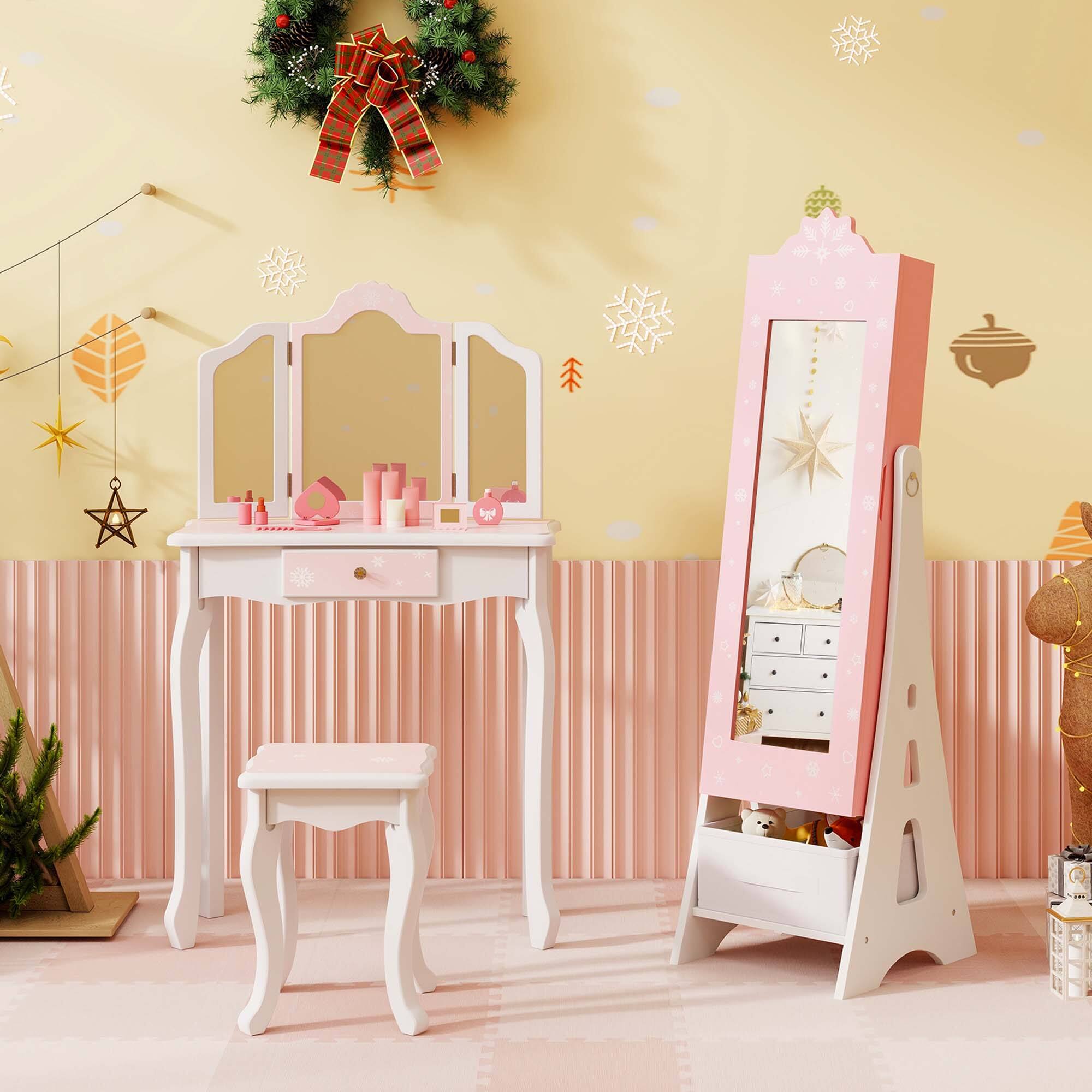 Alt View 1. Costway - Costway Kids Vanity Set Princess Makeup Dressing Table & Chair Set with Jewelry Armoire - Pink.