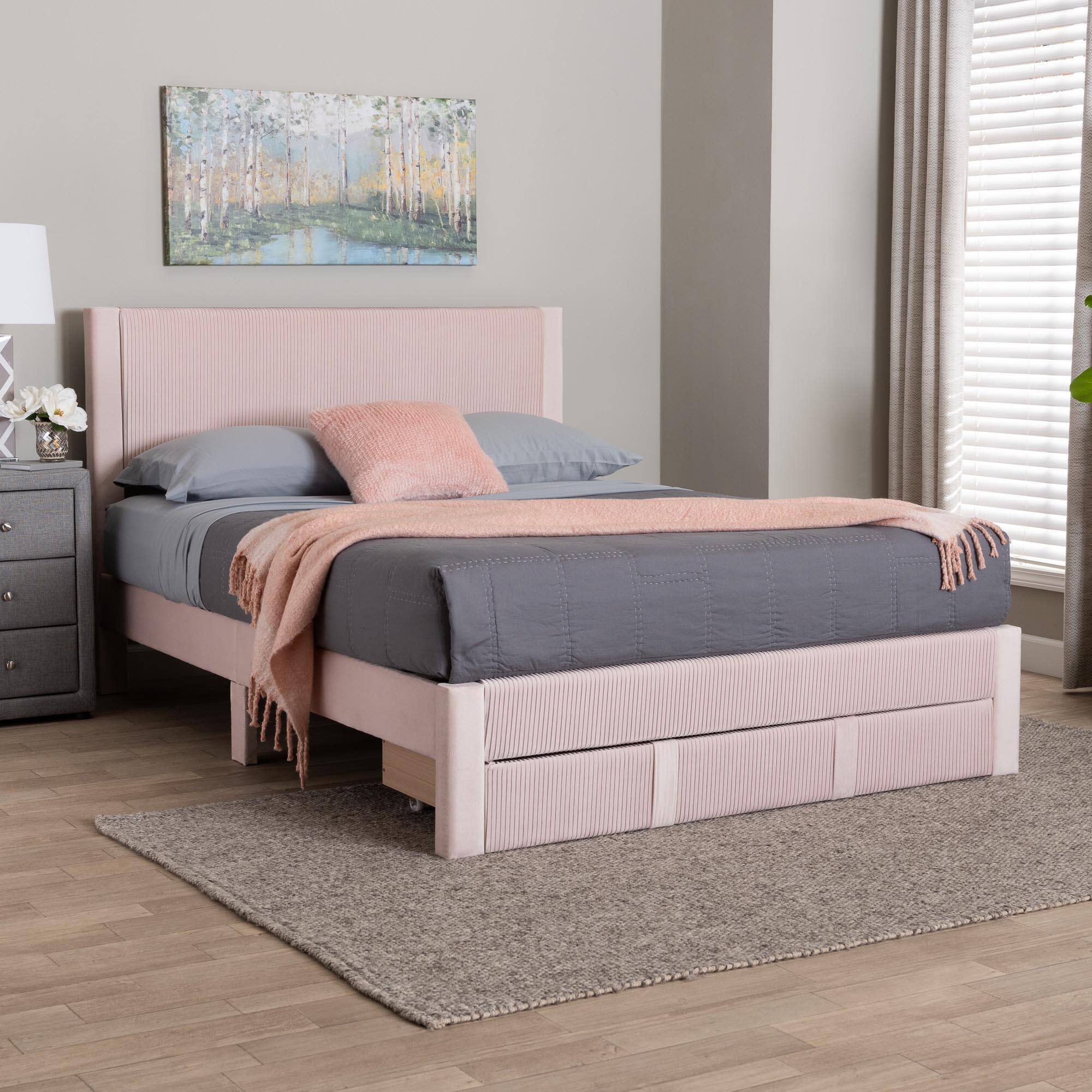 Alt View 5. Baxton Studio - Elora Modern Pleated Velvet Queen Size Storage Bed - Light Pink.
