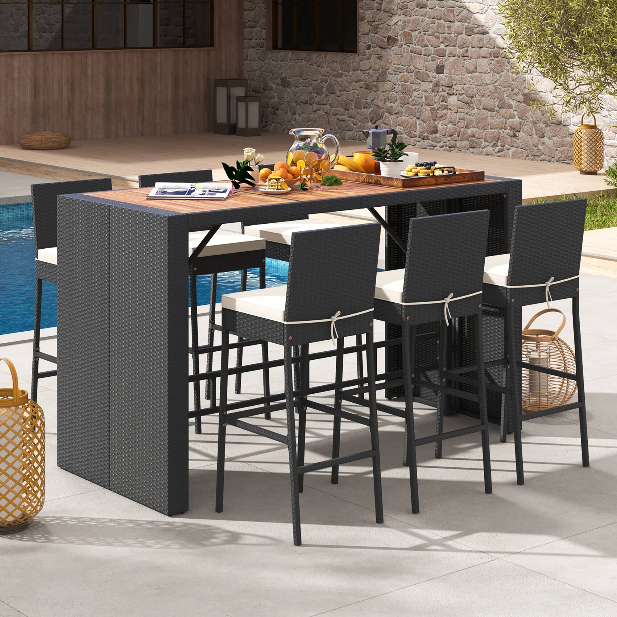 Alt View 1. Gymax - Gymax 7 Pieces Patio Bar Set w/ Acacia Wood Tabletop & Removable Cushions Outdoor - Black.