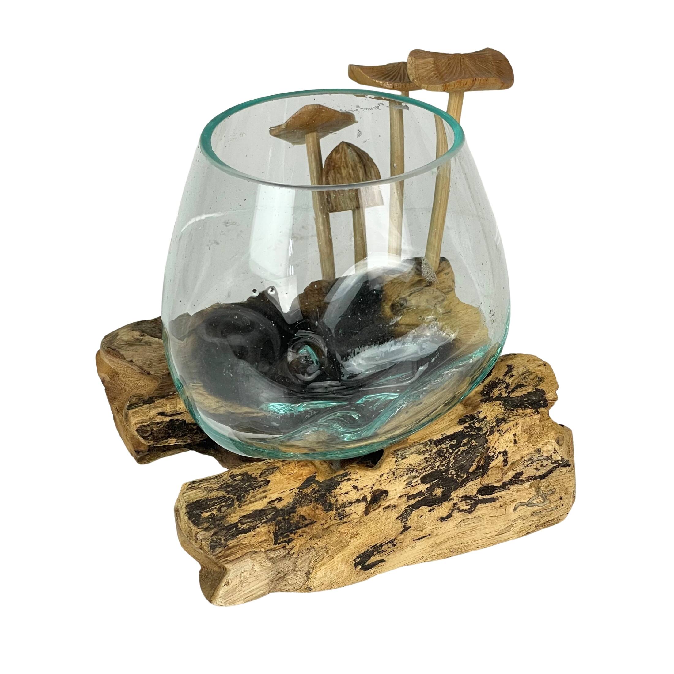Alt View 2. Things2Die4 - Handcrafted Glass Vase with Teak Driftwood and Wood Mushroom Embellishments - Brown.