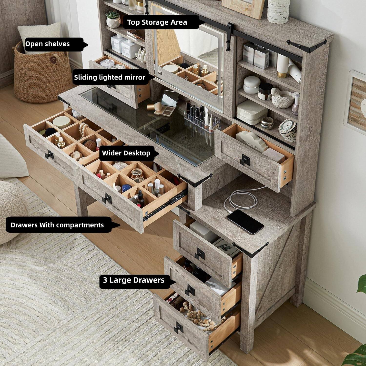 - Top Storage Area
- Open shelves
- Sliding lighted mirror
- Wider Desktop
- Drawers With compartments
- 3 Large Drawers
