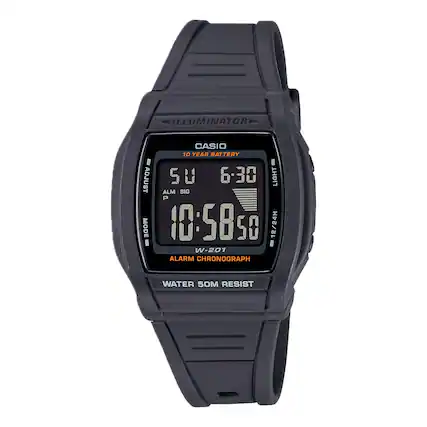 ILLUMINATOR
CASIO
10 YEAR BATTERY
10:58:50
ALARM CHRONOGRAPH
WATER 50M RESIST
W-201
ALM SIG
P
LIGHT
6-30
12/24H
01
