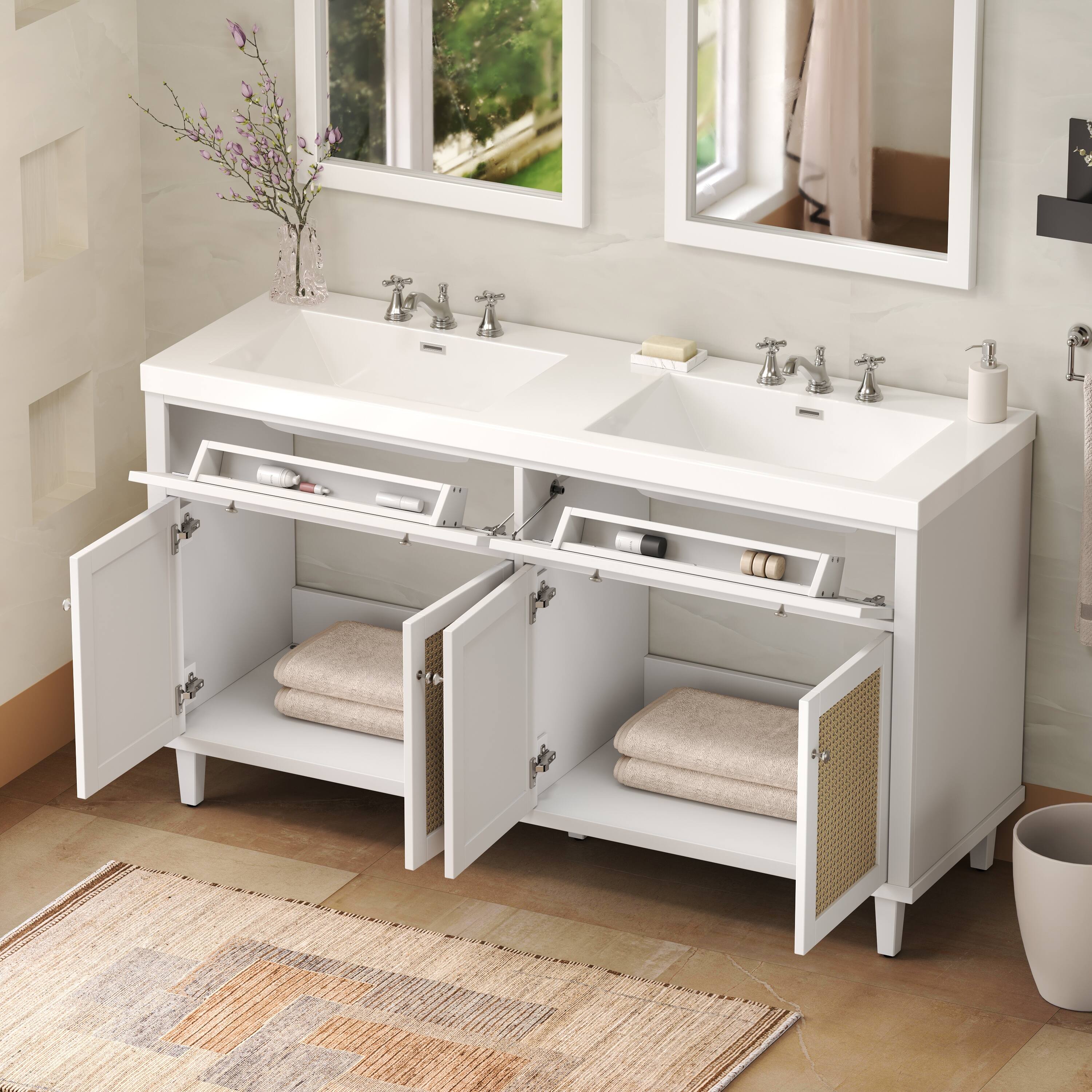 Left. Loheer - 5 ft Double Sink Bathroom Vanity with SMC Top and Rattan-Style Doors - White.