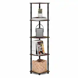 Furinno - TURN-N-TUBE Storage Shelves, 5-Tier Corner Book Shelf, Standing Corner Shelf, Toolless Open Shelves, Classic Tubes - Amber Pine/Black