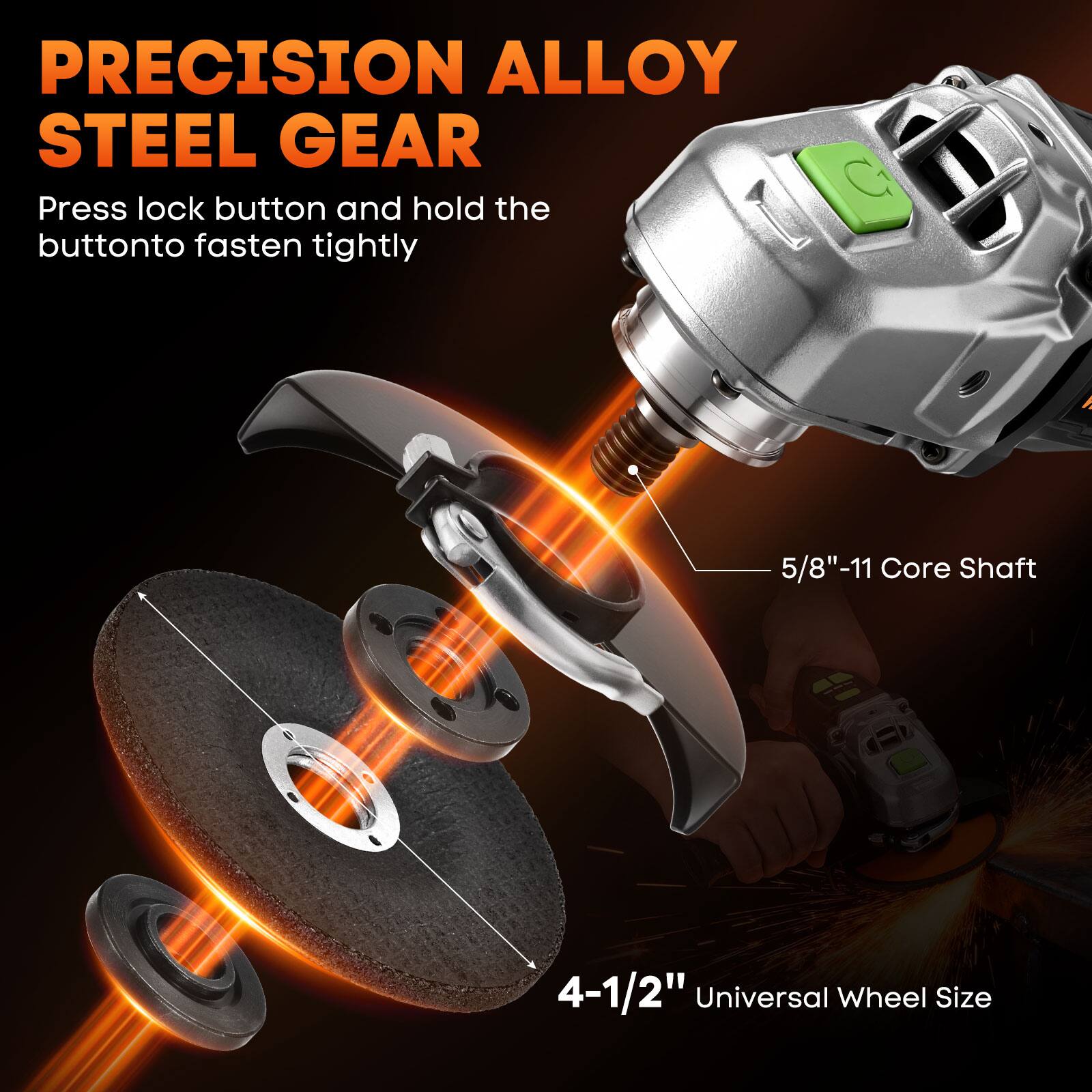 PRECISION ALLOY STEEL GEAR  
Press lock button and hold the button to fasten tightly  

5/8"-11 Core Shaft  

4-1/2" Universal Wheel Size