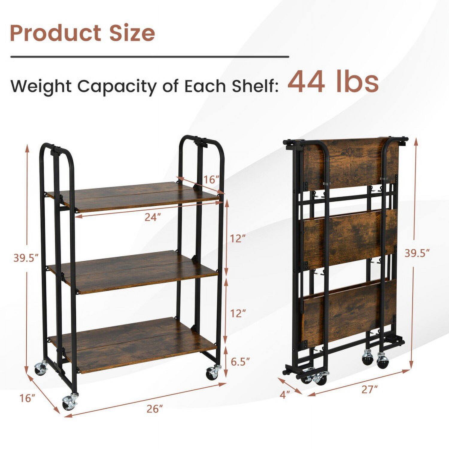 Product Size  
Weight Capacity of Each Shelf: 44 lbs  

16"  
24"  
39.5"  
12"  
39.5"  
12"  
6.5"  
16"  
26"  
4"  
27"