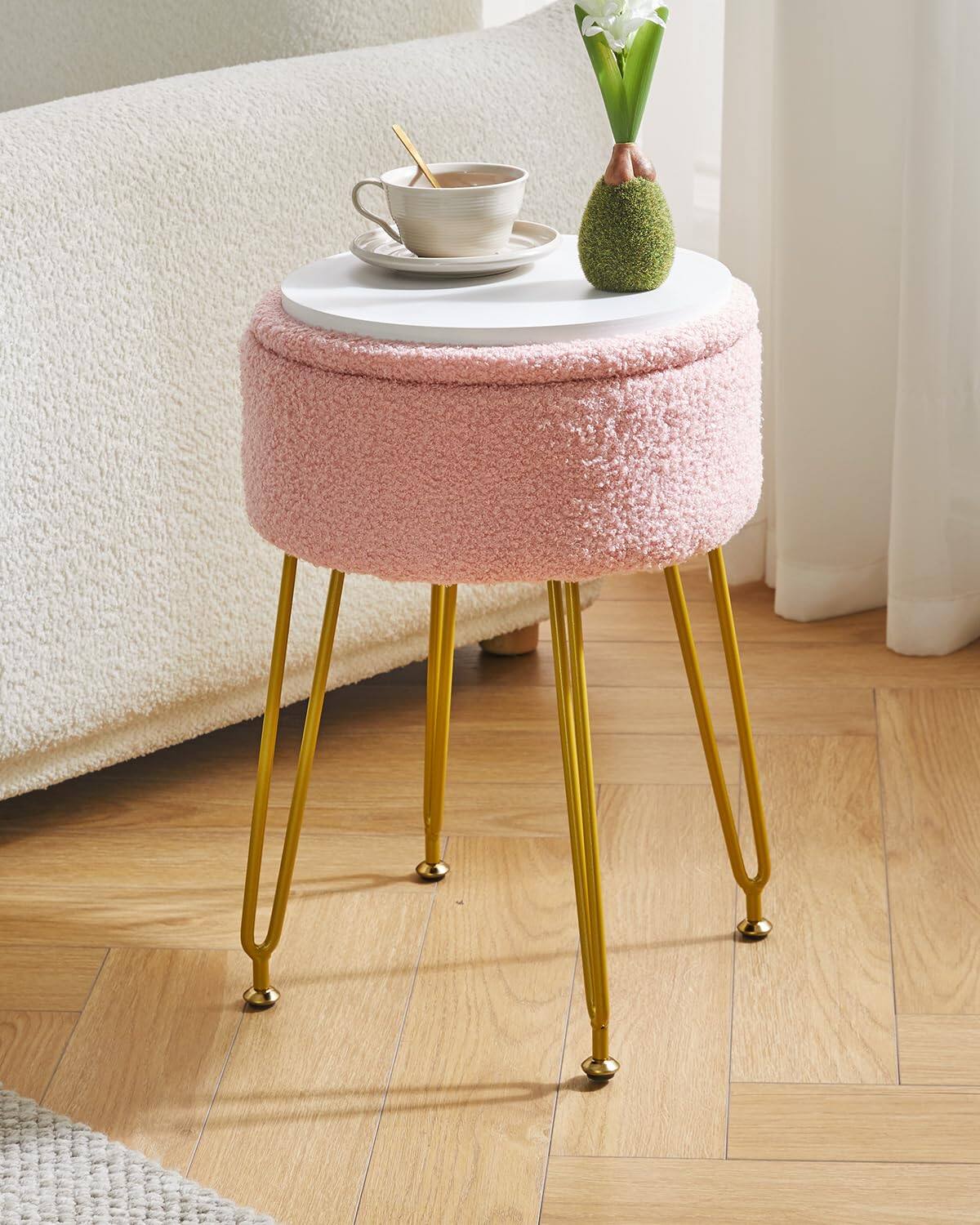Alt View 5. JETRANSPORT - Teddy Storage Footrest Stool Ottoman Makeup Vanity Side Table Removable Cover Golden Steel Coffee Pink Wbd010p - White without storage.