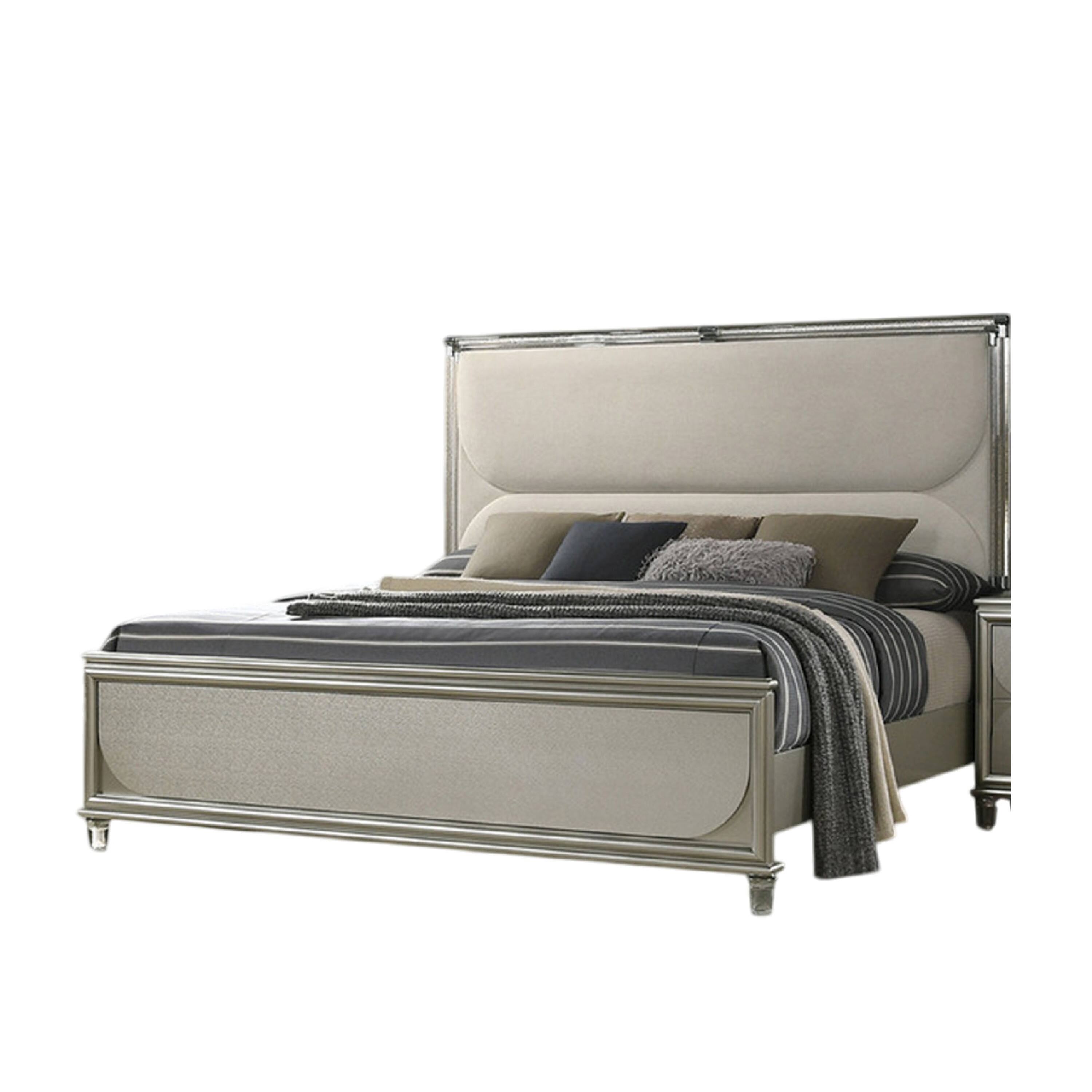 Alt View 1. Manhattan Lane - Zema Queen Bed, Upholstered Headboard w LED, Silver Wood, Acrylic Legs - Silver, Clear.