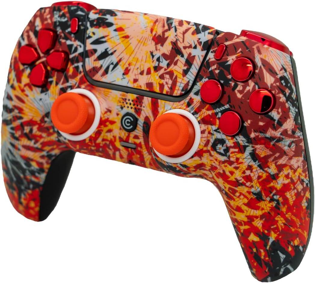 Angle. Custom Controllerzz - Custom Wireless Controller for PS5 - Solar Flare & Red Chrome Inserts.