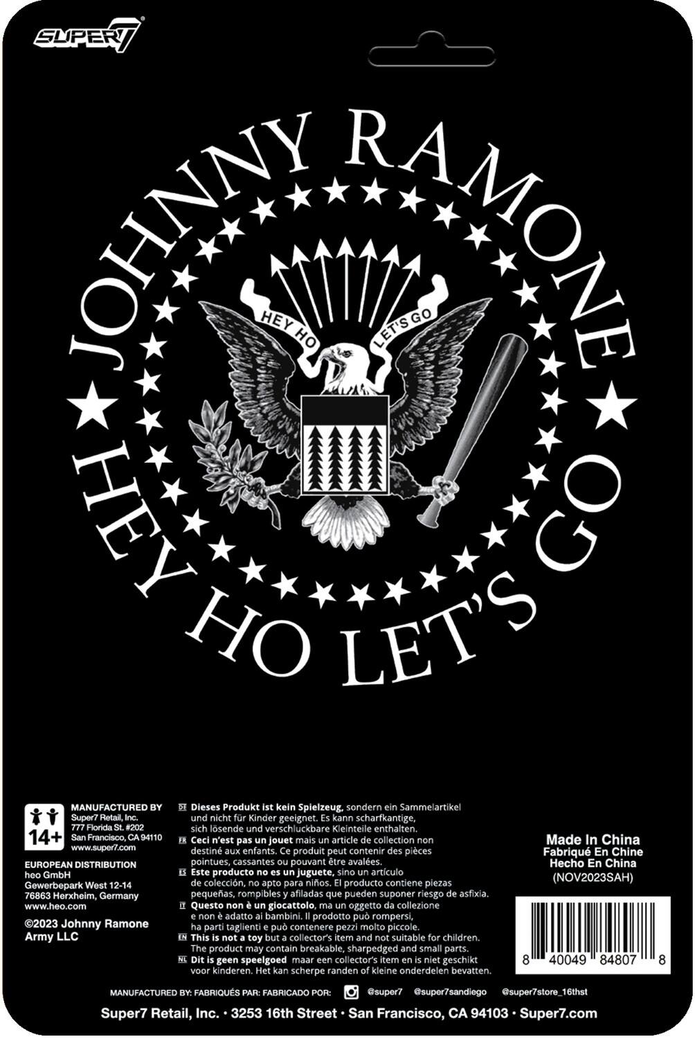 Sure, here is the corrected and grouped text from the image:

---

**JOHNNY RAMONE**  
**HEY HO LET'S GO**

---

**MANUFACTURED BY**  
Super7 Retail, Inc.  
777 Florida St. #202  
San Francisco, CA 94110  
www.super7.com

**EUROPEAN DISTRIBUTION**  
heo GmbH  
Gewerbepark West 12-14  
76863 Herxheim, Germany  
www.heo.com

---

**Dieses Produkt ist kein Spielzeug, sondern ein Sammelartikel und nicht für Kinder geeignet. Kann scharfkantige, sich lösende und verschluckbare Kleinteile enthalten.**  
**Ceci n'est pas un jouet mais un article de collection non destiné aux enfants. Ce produit peut contenir des pièces pointues, cassantes pouvant être avalées.**  
**Este producto no es un juguete, sino un artículo de colección, apto para niños. El producto contiene piezas pequeñas, rompibles afiladas que pueden suponer riesgo de asfixia.**  
**Questo non è un