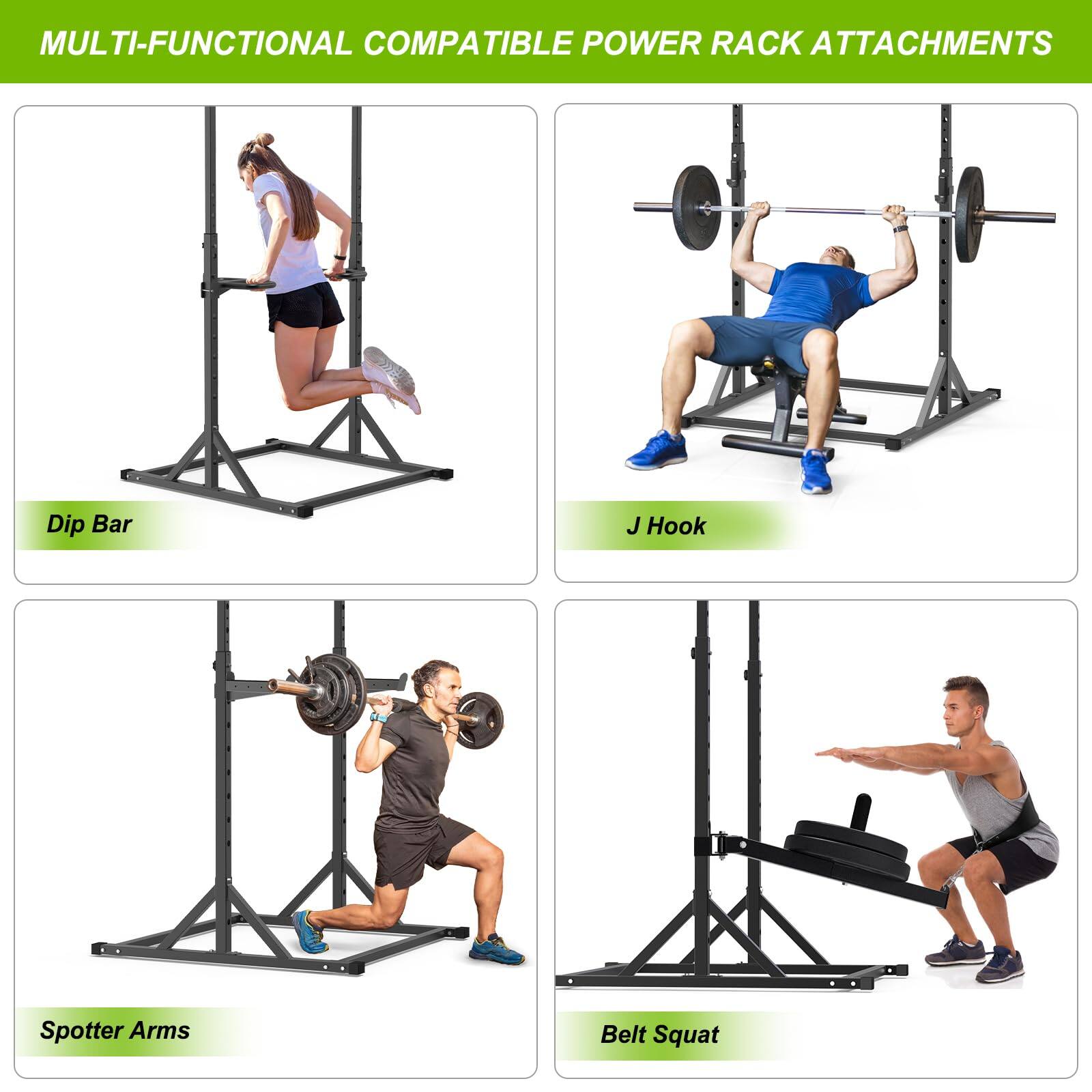 MULTI-FUNCTIONAL COMPATIBLE POWER RACK ATTACHMENTS

- Dip Bar
- J Hook
- Spotter Arms
- Belt Squat